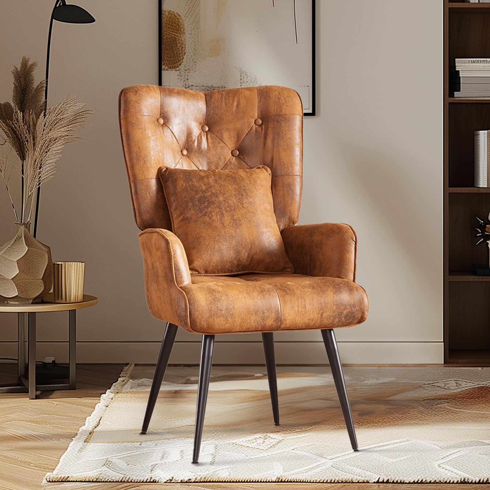yoyomax Accent Wingback Pillow and Arm, Mid Century Tall Back, Vintage Comfy Upholstered Reading Chair for Living, Bedroom, Dining Room, 40 in, Suede Brown