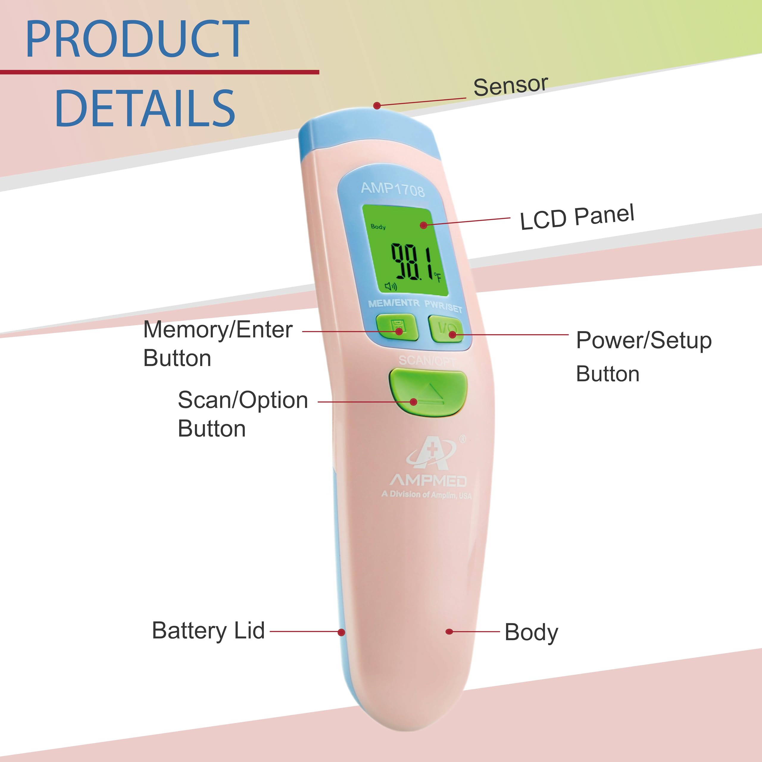 Amplim Ampmed Non Contact/No Touch Digital Forehead Thermometer for Adults, Kids, and Babies, Touchless Temporal Thermometer with Storage Case. FSA HSA Approved - Pink