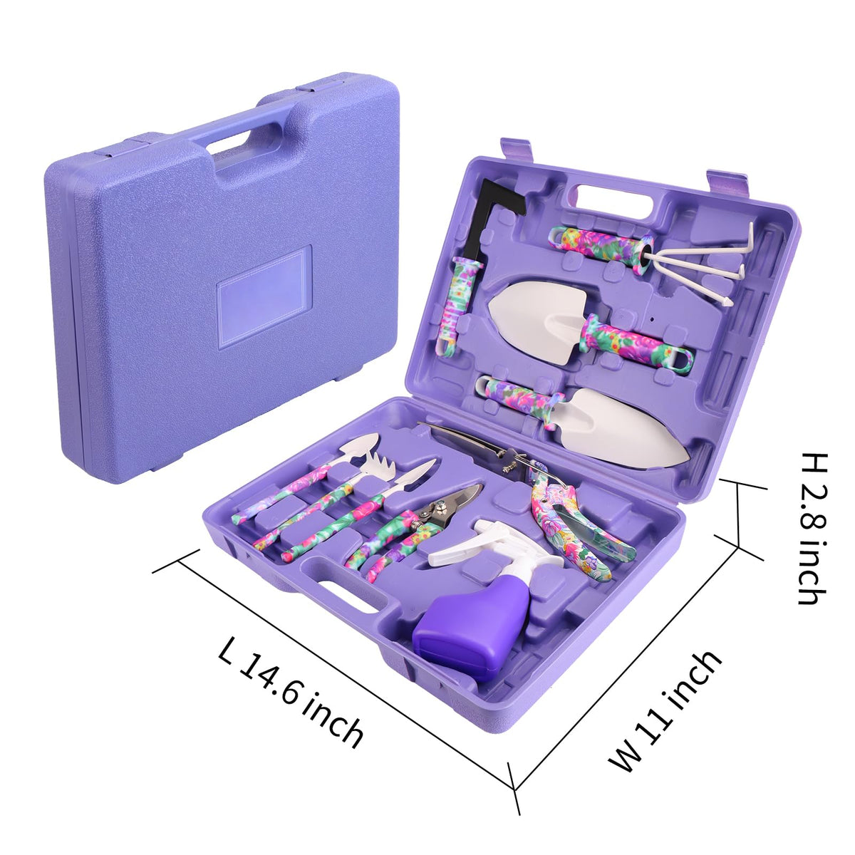 Garden Tools Set, JUMPHIGH 10 Pieces Gardening Tools with Purple Floral Print, Ergonomic Handle Trowel Rake Weeder Pruner Shears Sprayer, Garden Hand Tools with Carrying Case Gardening Gifts for Women