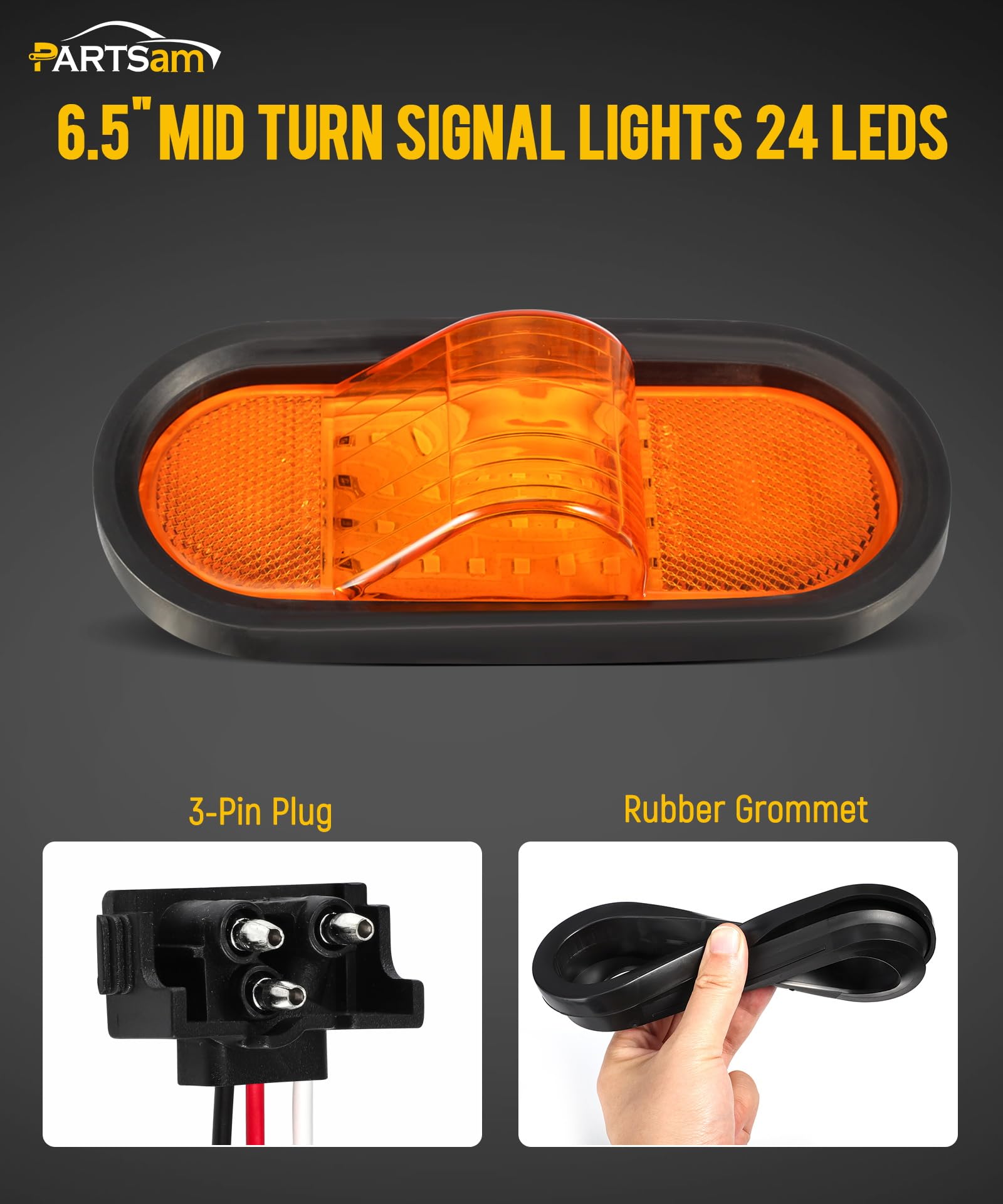Partsam 2Pcs 6.5" Mid Turn Signal Amber Marker Light Rubber Mount 24 LED w/Reflex Lens Universal Waterproof 6 Inch Oval Led Mid-Ship Marker and Turn Signal Semi Truck Trailer Light