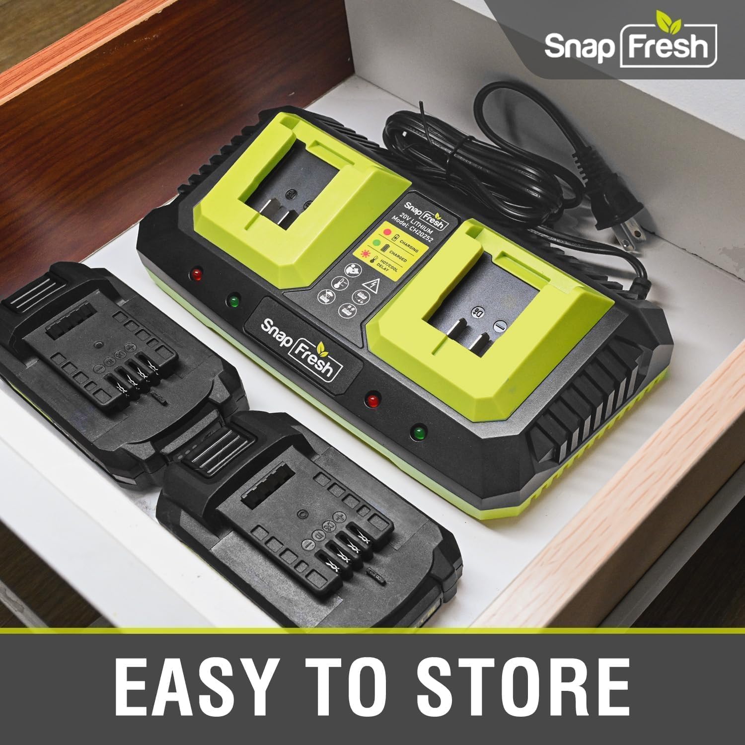 2 Port 20V Battery Fast Charger (CH20252), Work with of BBT-DC20A & BBT-DC40A & BBT-DC60A Only, Dual-Port Rapid Charger for All SnapFresh 20V Batteries Only