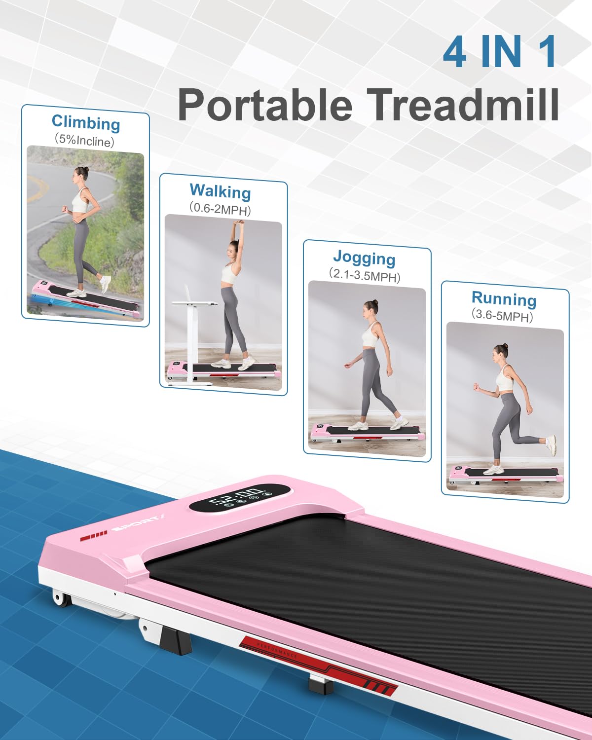 Walking Pad Treadmill with 5% Incline, 5 MPH Under Desk Treadmill for Home & Office, 300+ lb Capacity, Ultra Quiet < 45dB, Remote Control, Compact & Portable & Small, Pink