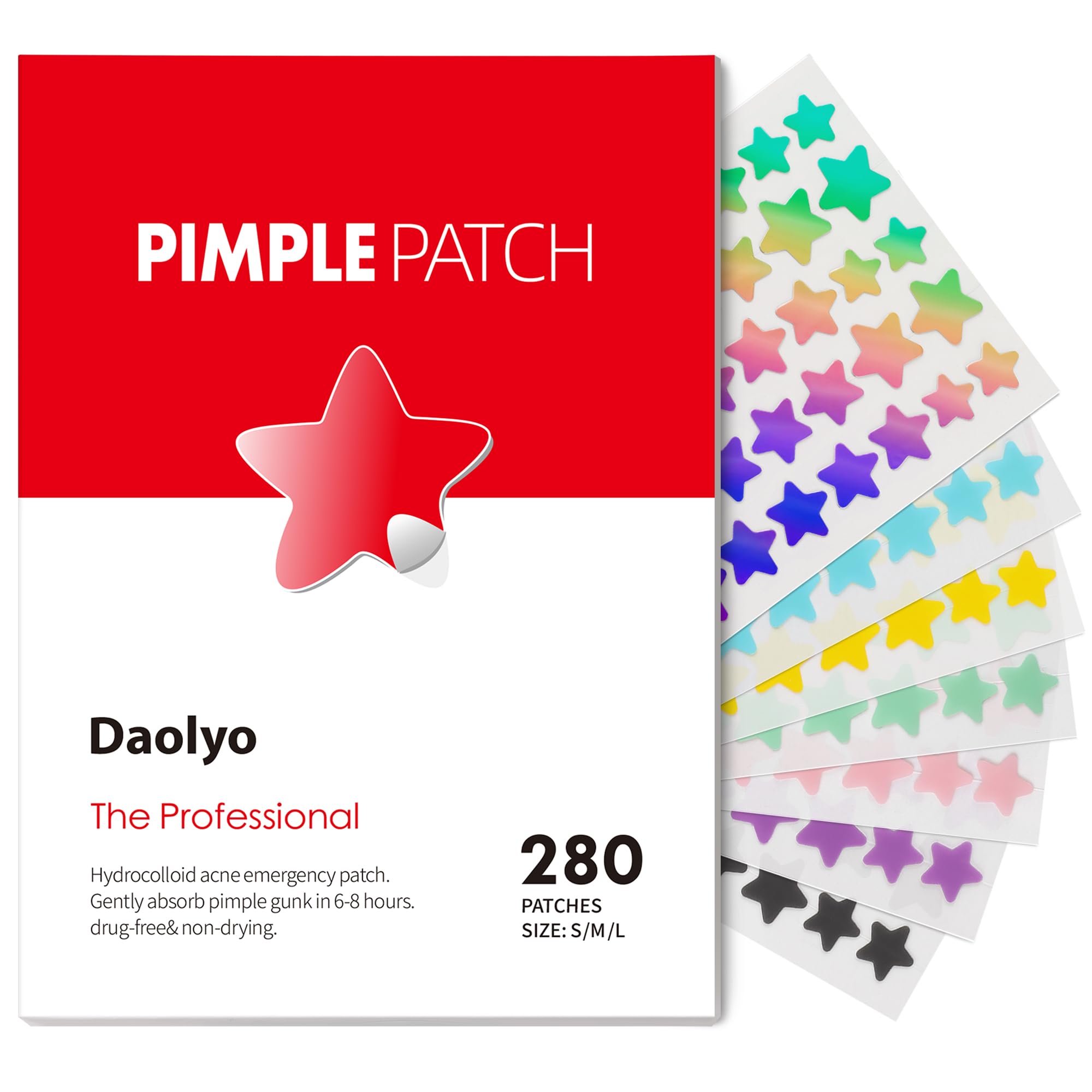 Daolyo Pimple Patches for Face, 3 Size 280 Counts Acne Patches, Cute Star Pimple Patches with Salicylic Acid, Tea Tree Oil & Calendula Oil, Colorful Hydrocolloid Patches Zit Patches Pimple Stickers