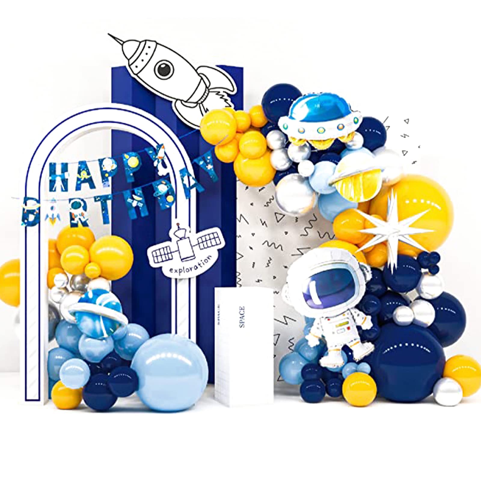 PartyWoo Space Balloons Different Sizes of 18 12 10 5 Inch Navy Blue Metallic Silver Yellow UFO Astronaut Star Foil Balloon Arch Kit Garland for Outer Space Theme Boy Birthday Party Decorations