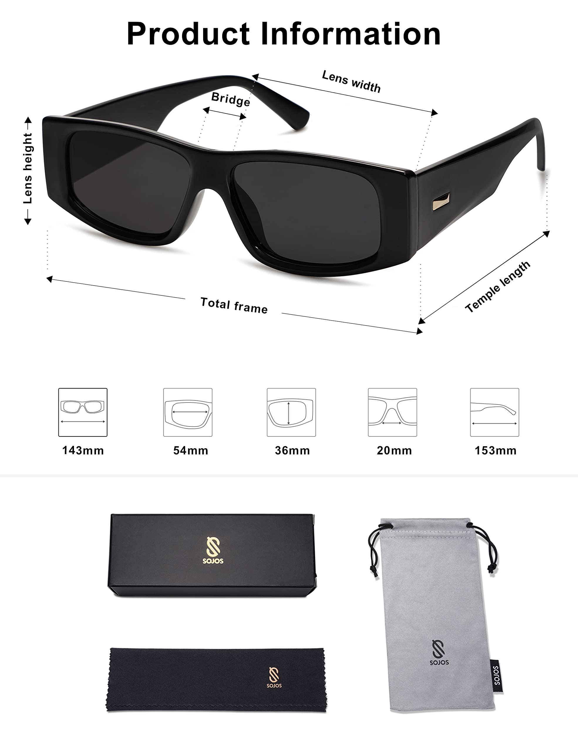SOJOS Trendy Y2K Rectangle Polarized Sunglasses for Women Men Fashion Designer Rave Sunglasses SJ2228, Black/Grey