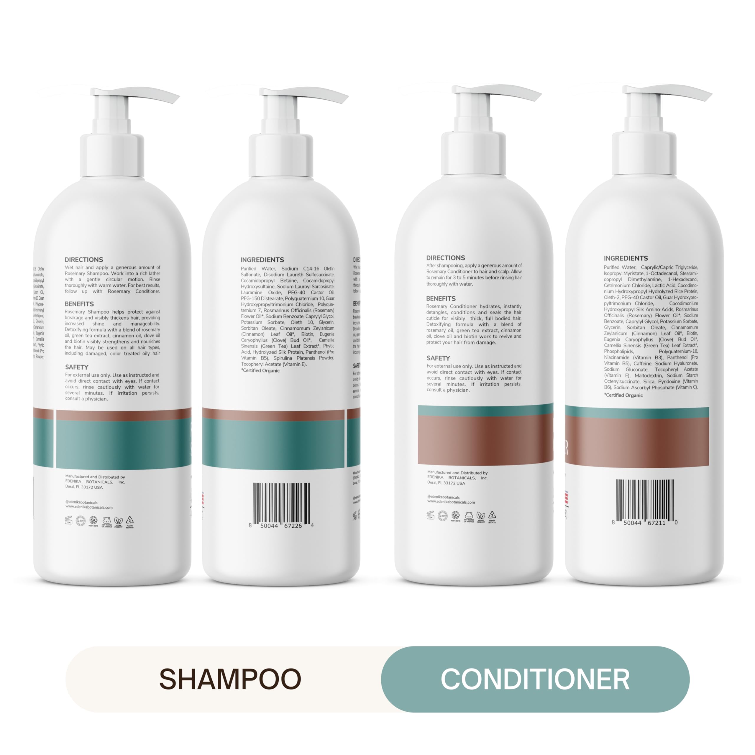 Edenika Botanicals Rosemary Oil Shampoo & Conditioner Set with Biotin & Spirulina for Thinning Hair, Anti-Hair Loss & Strengthening Botanical Formula, Women & Men, Sulfate-Free