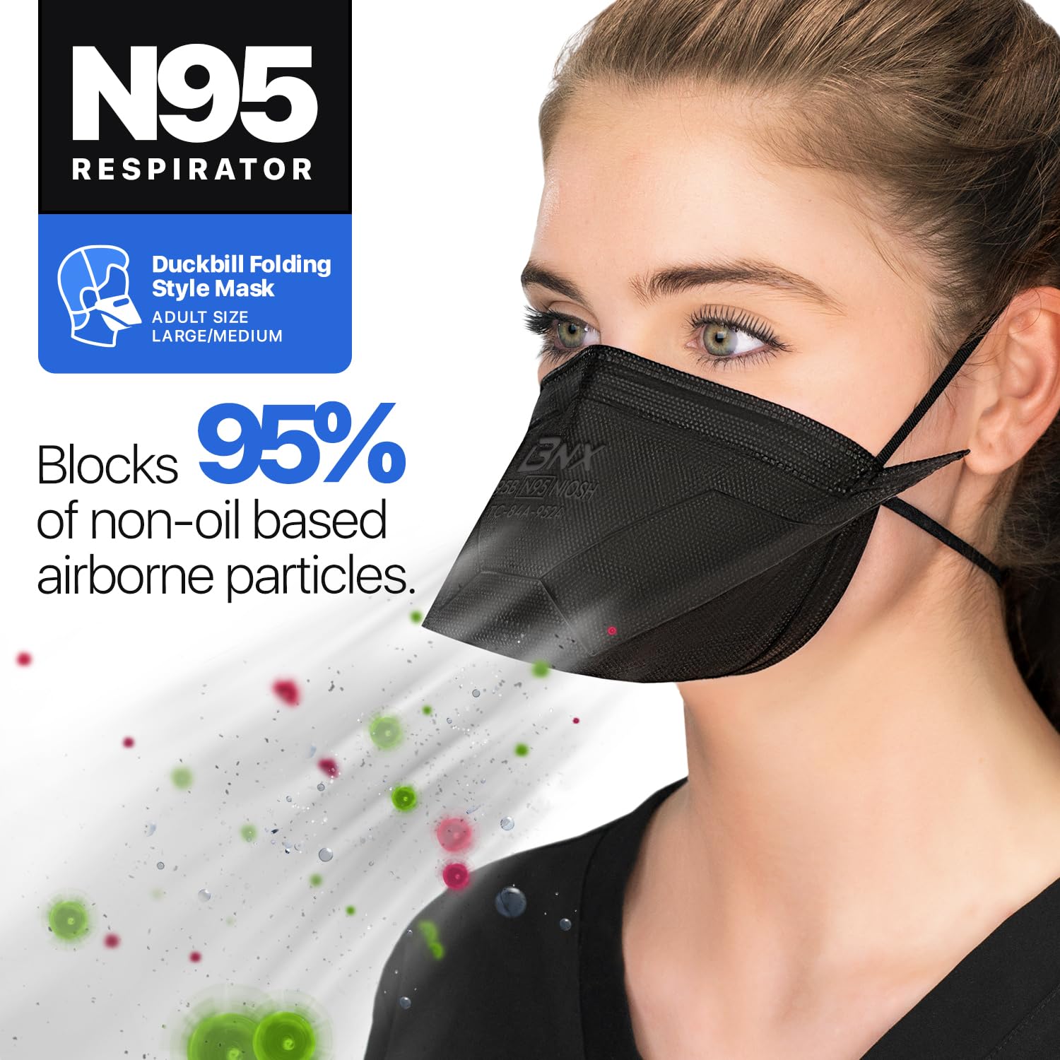 BNX N95 Mask NIOSH Certified MADE IN USA Duckbill Style Particulate Respirator Protective Mask (20-Pack, Approval Number TC-84A-9524 / Model D95B) Black
