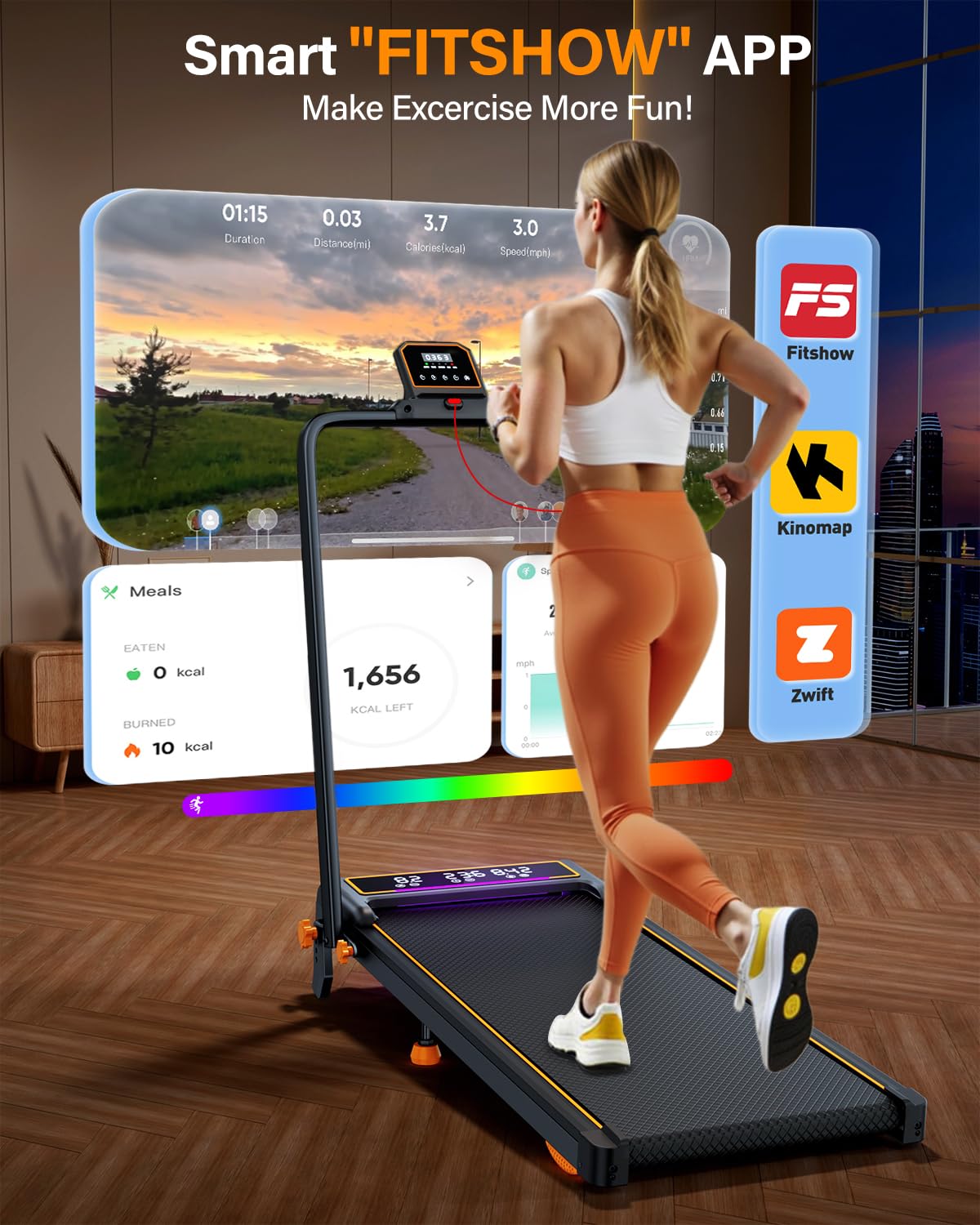Treadmill Walking Pad with 12% Incline/Handle Bar/2 LED Display, 3.5HP Portable Treadmills for Home Small, Foldable Walking Pad Treadmill 350+lb Capacity, Smart App, 4 Adjustable Incline, RGB Light