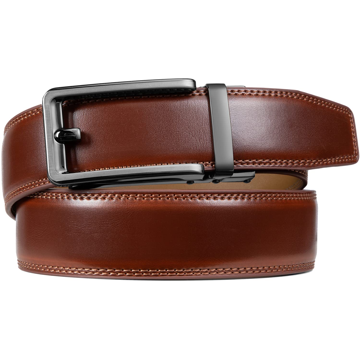 Founders & C Men's Leather Ratchet Comfort Click Belt Dress with Slide Buckle -Adjustable Trim to Fit (28"-42" Waist Adjustable, Burnt Umbe/Cognac)