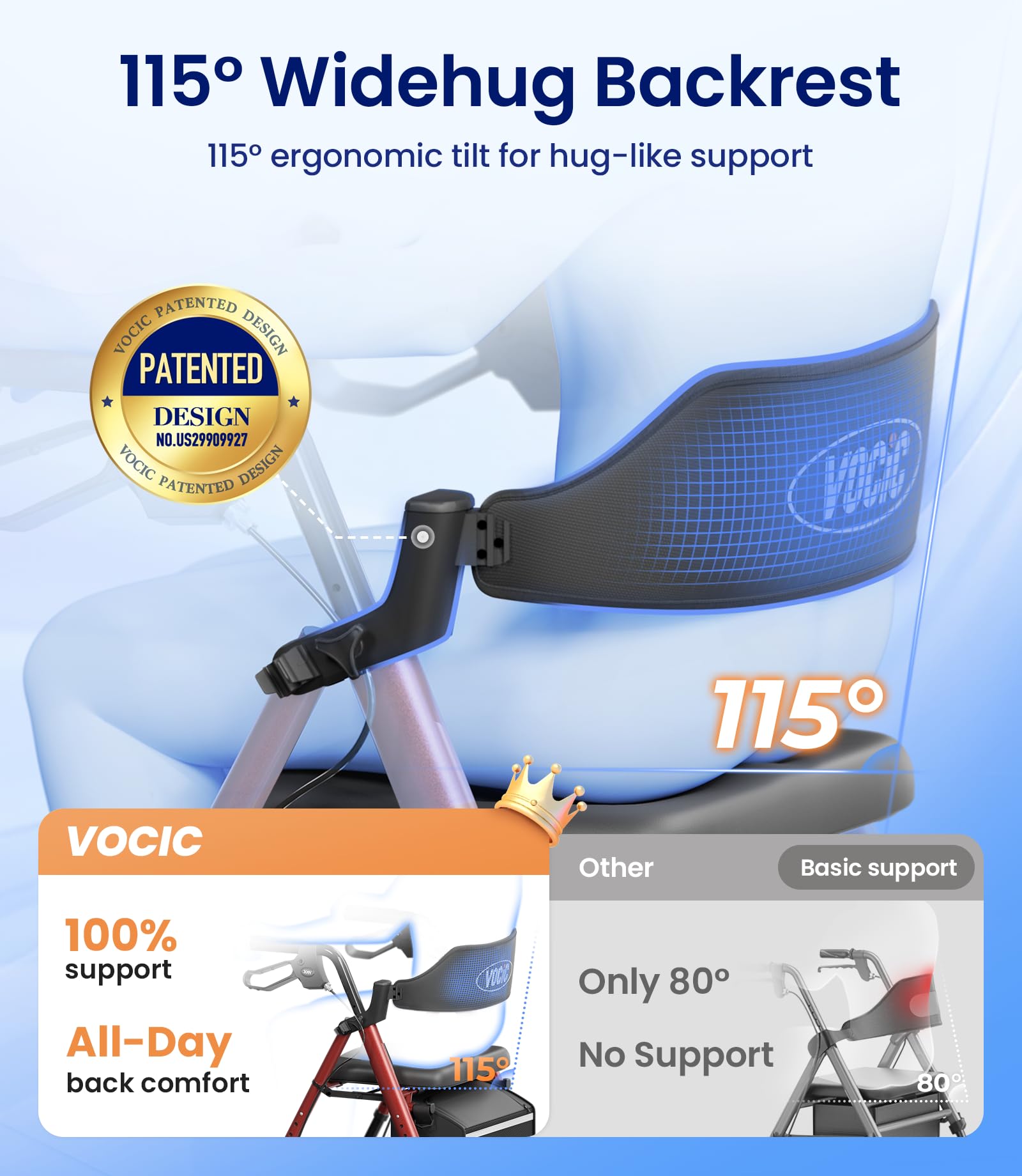 VOCIC Walkers for Seniors, Z21 Rollator Walker with Seat Supports 350lb, 8" Big Wheels for All Terrain, Ergonomic Arc Seat & 6" Ultra Backrest Foldable Walker, Dual Height Adjustment, Lightweight 2025