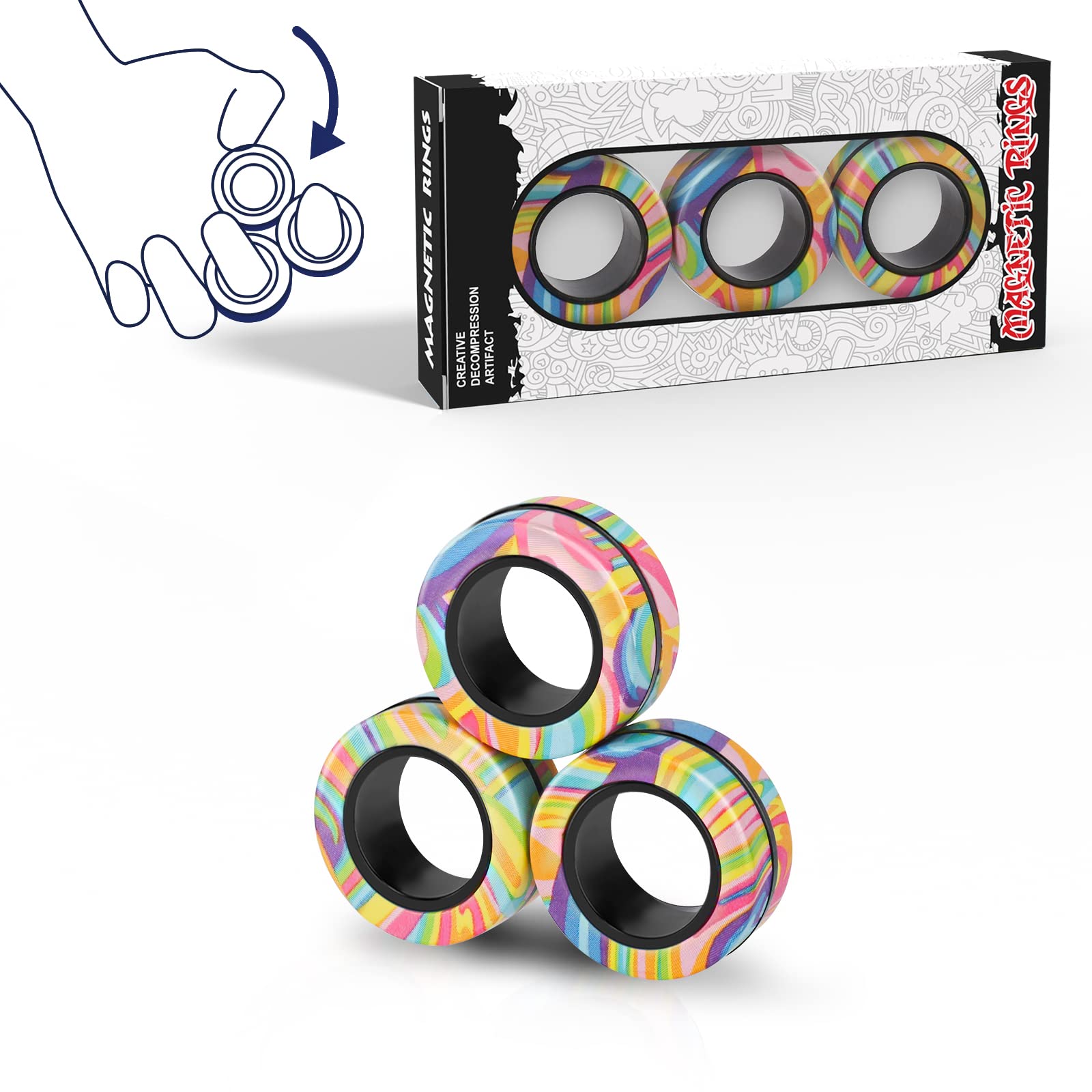 Magnetic Rings Fidget Toy Set, Idea ADHD Fidget Toys, Adult Fidget Magnets Spinner Rings for Anxiety Relief Therapy, Fidget Pack Great Gift for Adults Teens Kids