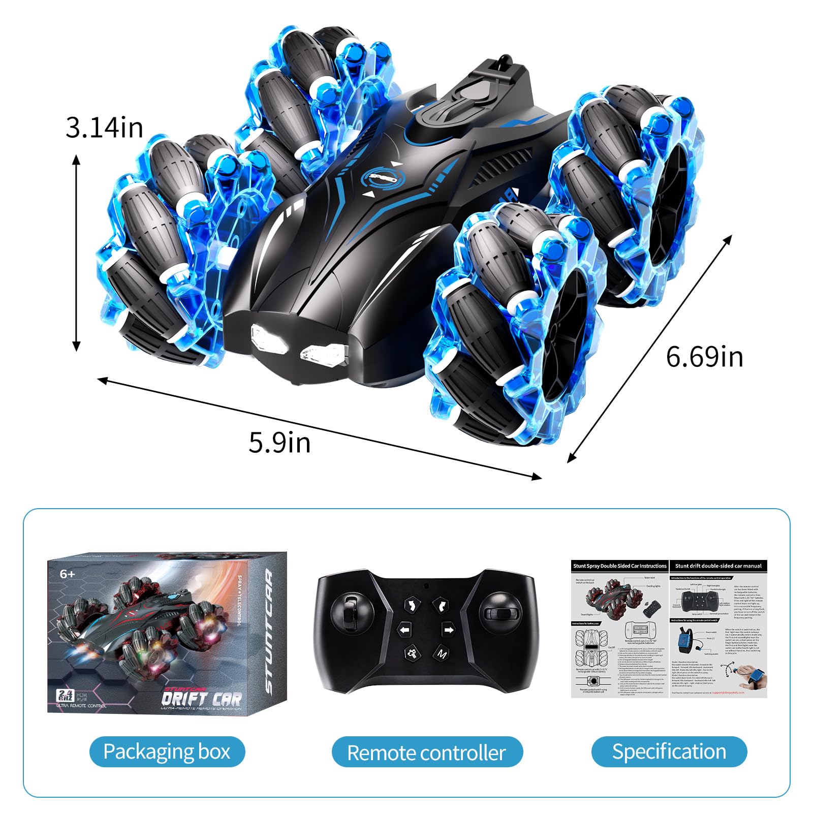Aiqi RC Gesture Sensing Stunt Car,2.4GHz 4WD Remote Control Car with Cool Light,Double Sided Rotating Off Road Vehicle 360° Flips Cars for 6-12 Year Old Boys Girls Birthday Presents(Blue)