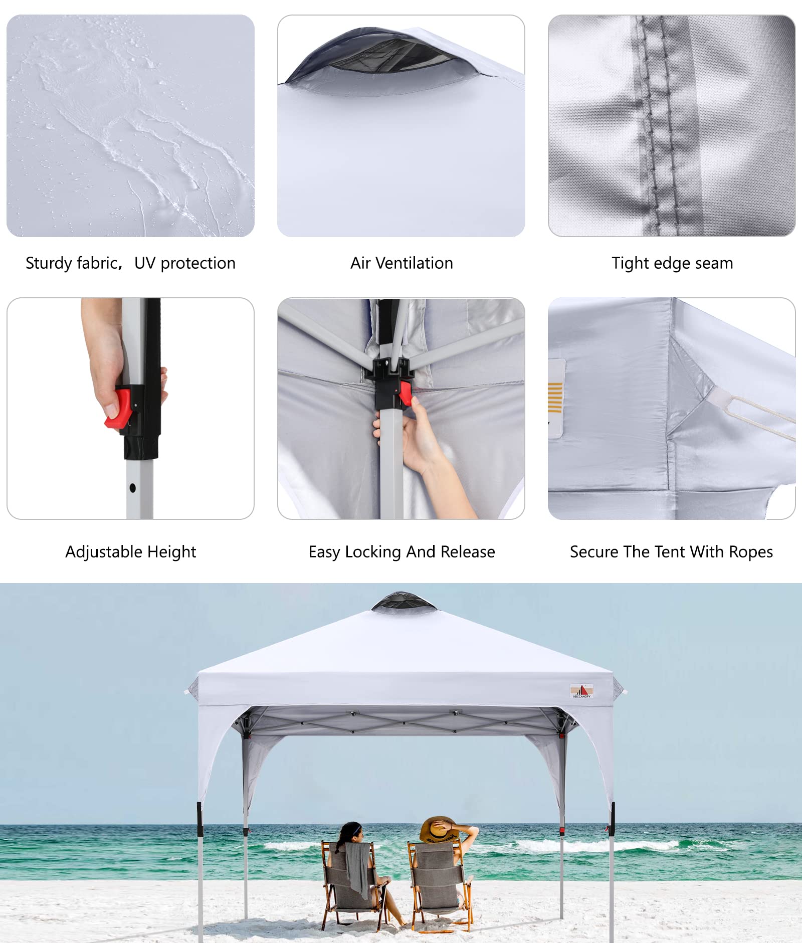 ABCCANOPY Outdoor Pop up Canopy Tent, 10x10 Instant Portable Canopy for Camping, Beach, Backyard, White
