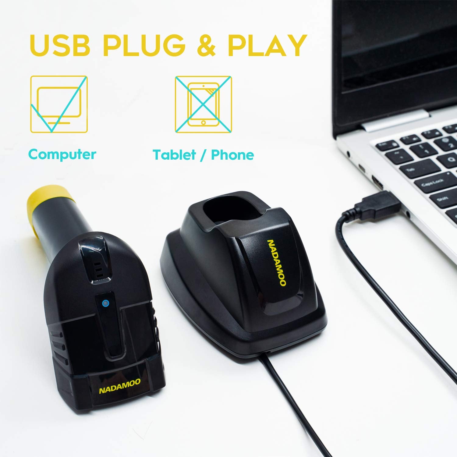 NADAMOO Wireless Barcode Scanner with Charging Cradle, Read 1D, 2D, QR Code, Data Matrix, PDF417, 400m Transmission Distance, 2200mAh Rechargeable Battery, Cordless CMOS Image Reader for Computer