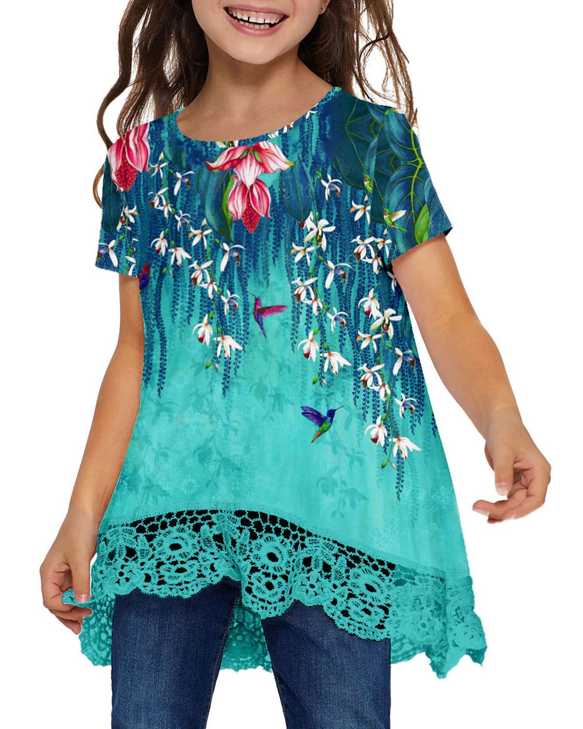 storeofbaby Girls Tops Kids Casual Flower Shirt Summer Loose Fit Lace Hem Tees