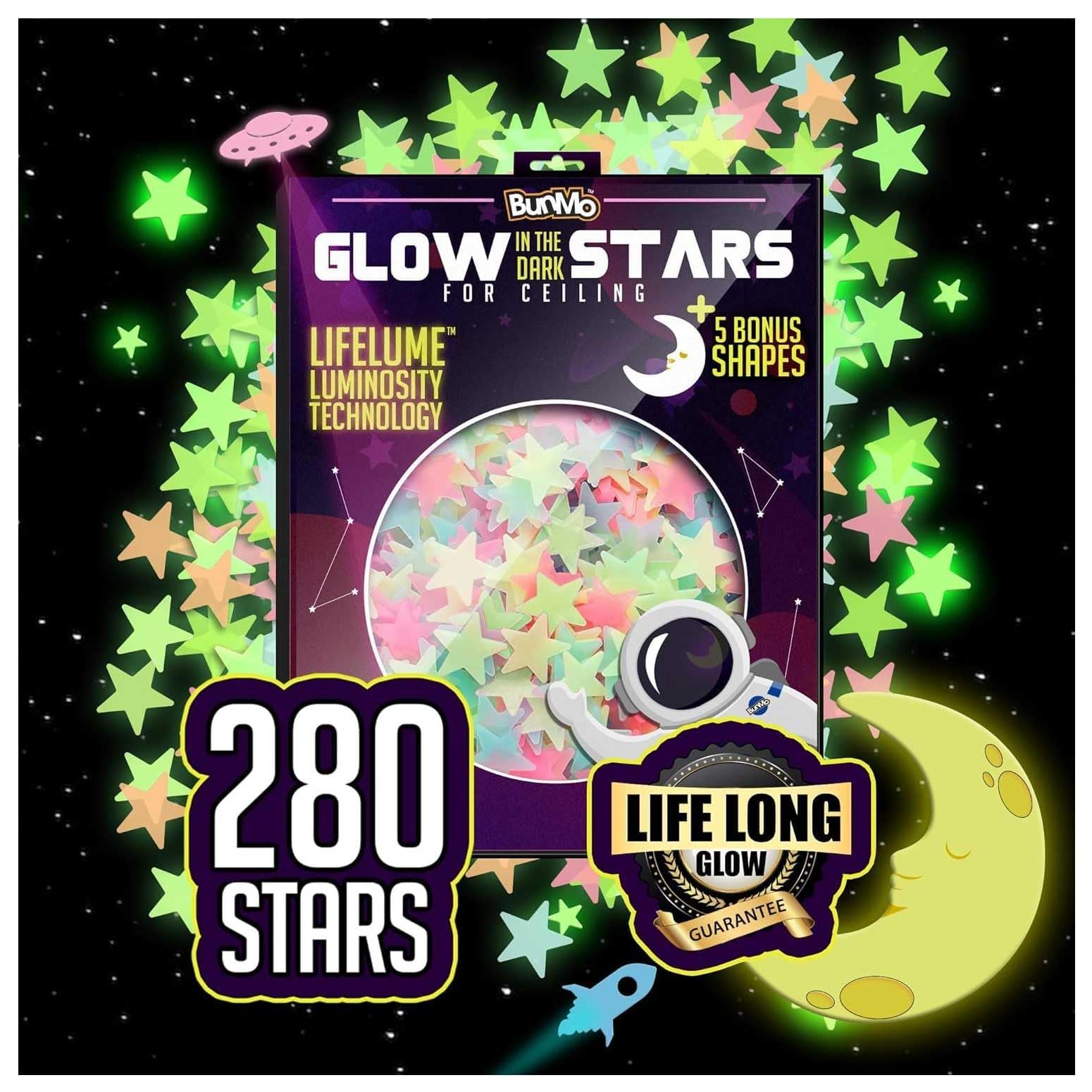 BUNMO 280pcs Glow in The Dark Stars for Ceiling - Safe Glow in Dark Stickers for Walls & Ceilings - Longlasting Glow in Dark Stars for Ceiling - Glow in The Dark Ceilings Stars - Strong Glow