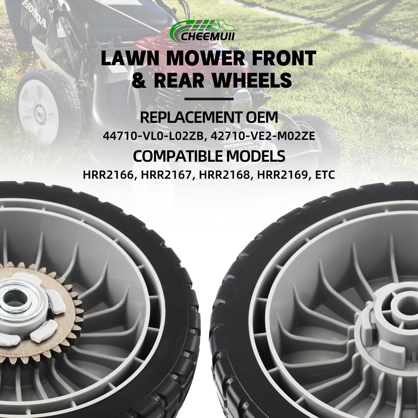 CheeMuii 4 Pack HRR216 Lawn Mower Drive Wheels 2 Rear Wheels 42710-VE2-M02ZE and 2 Front Wheels 44710-VL0-L02ZB Replace for Honda HRR216 HRS216 HRT216 Lawn Mower
