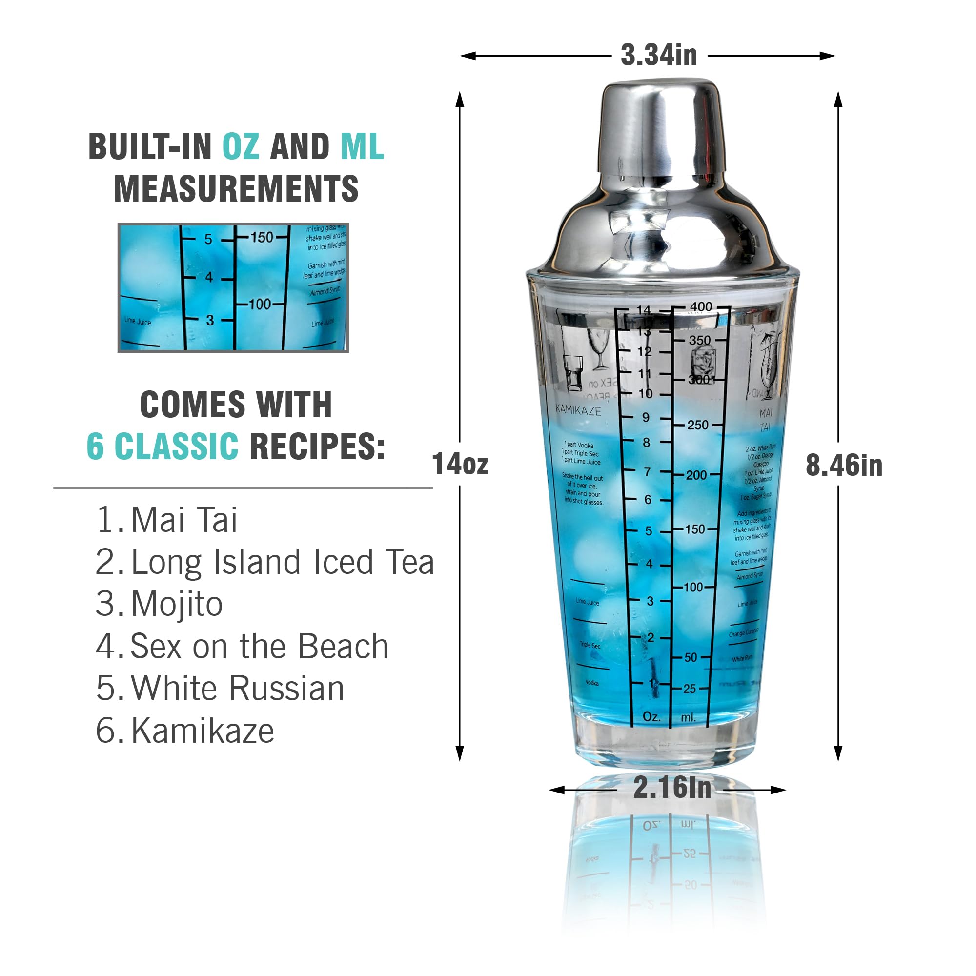 EVERYDAY COCKTAIL - Professional Glass Cocktail Shaker 14 oz, Martini Shaker with Recipes and Measurements, Built-in Strainer and Leakproof Seal, Clear Bar Tool for Margaritas, Martinis