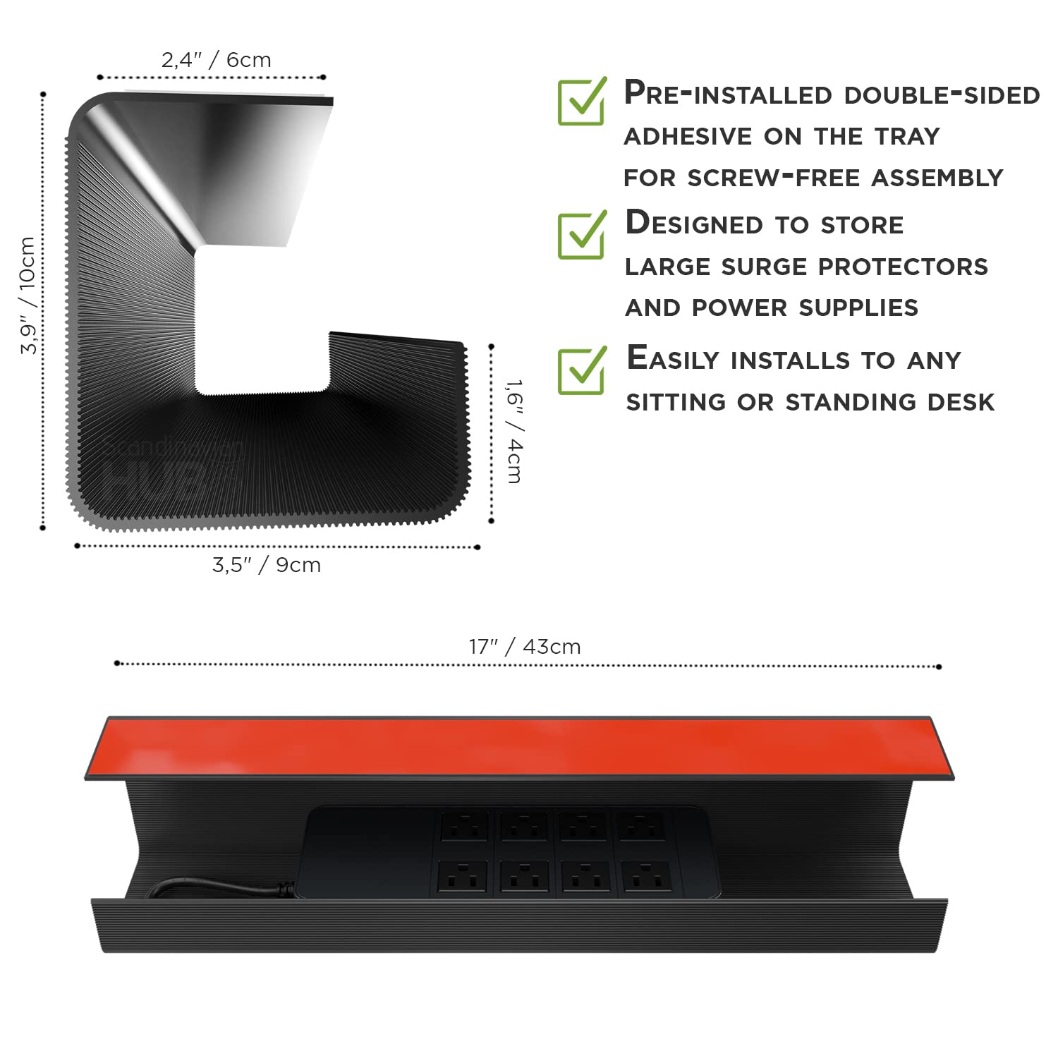 No-Screw Under Desk Cable Management Tray - Self-Adhesive Installation, Cable Management, Cable Management Under Desk, Desk Wire Management, Cable Tray, Under Desk Cable Organizer - Black Set of 2