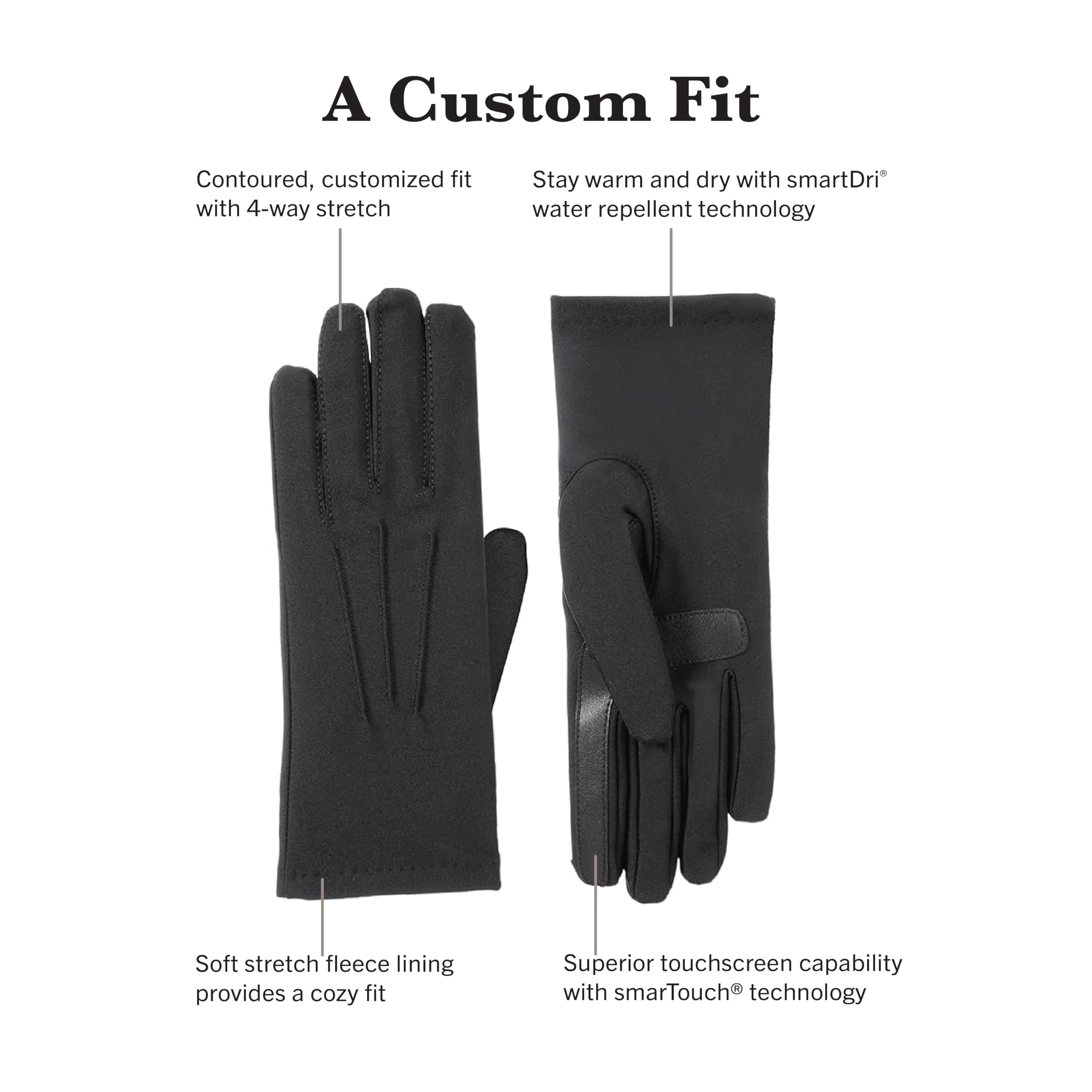 Isotoner Women's Spandex Cold Weather Stretch Gloves - Winter smarTouch Driving Gloves with smartDri Water Repellant - Faux Leather Grip, Black