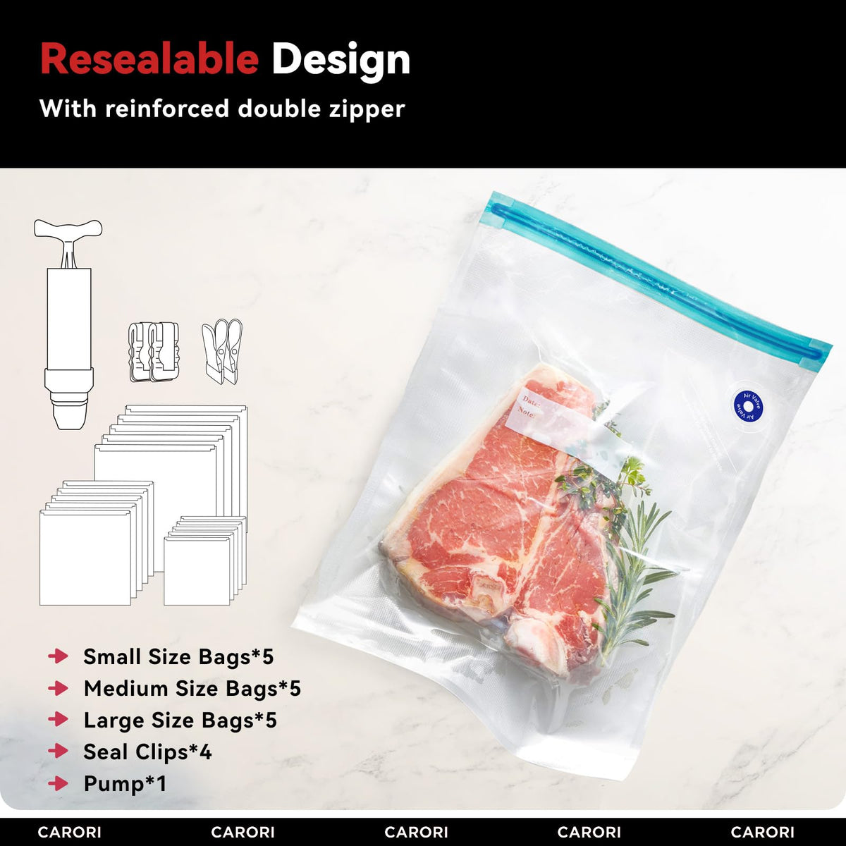 Carori Sous Vide Machine 1100W, Ultra Quiet Immersion Circulator with Recipes, Sous Vide Precision Cooker With Sous Vide Bags Kit 20-Piece Set with Reusable Vacuum Seal Bags in 3 Sizes, Black
