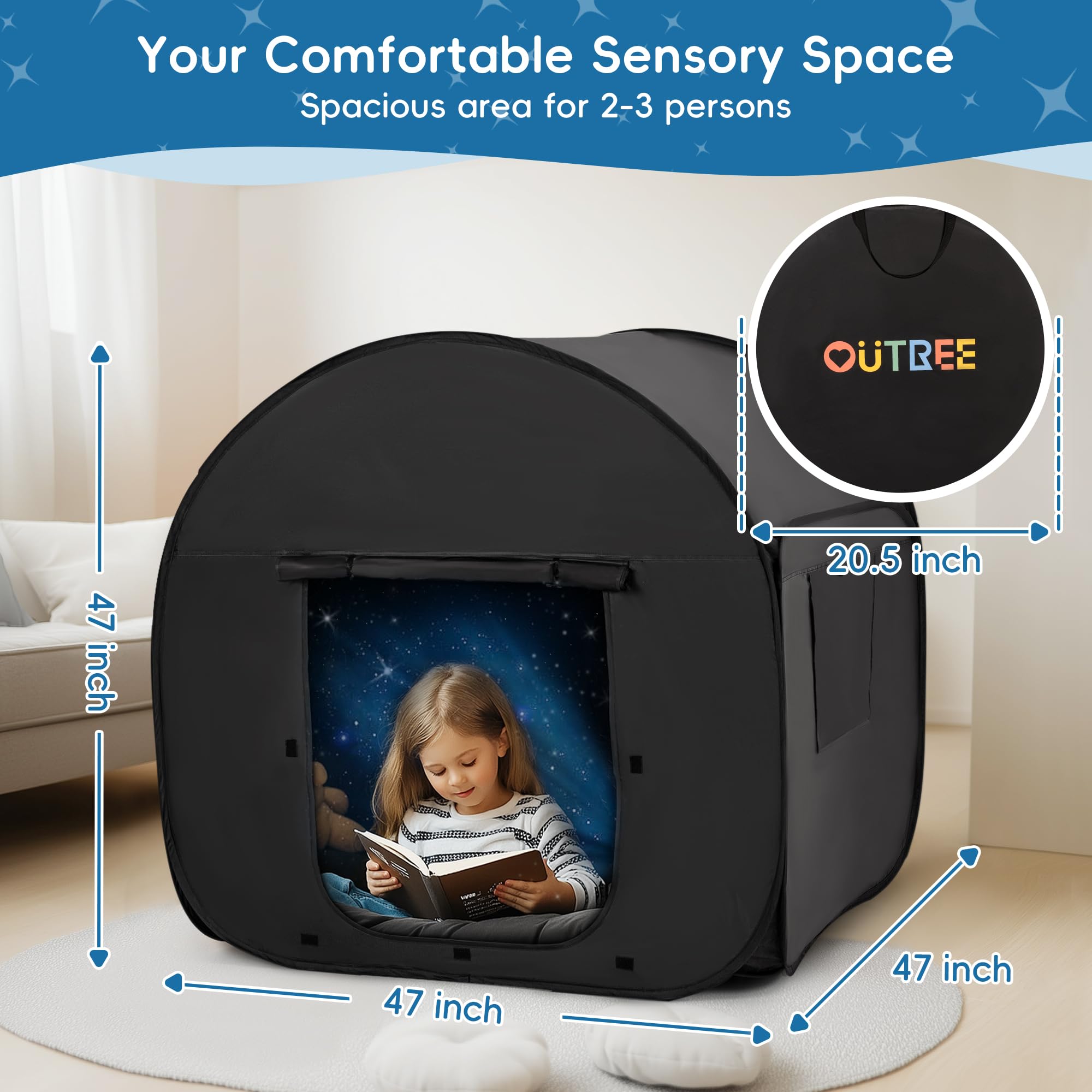OUTREE Sensory Tent 47 * 47 * 47 in, Black Print, Sensory Room for Kids with Autism, Pop Up Play Tent