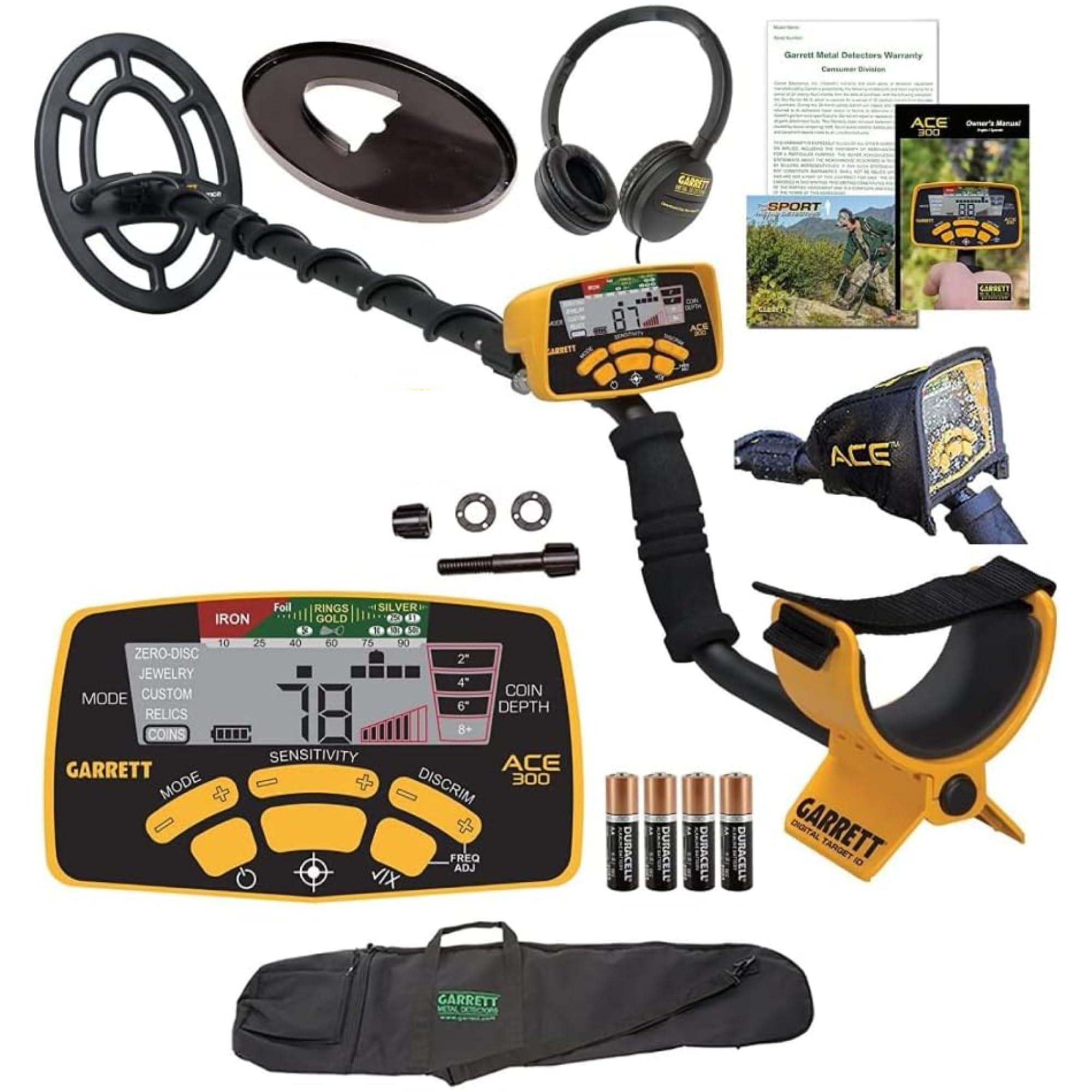Garrett ACE 300 Metal Detector Bundle – Digital Target ID, Iron Resolution, Adjustable Frequency, Includes Carry Bag, Headphones & Searchcoil Cover