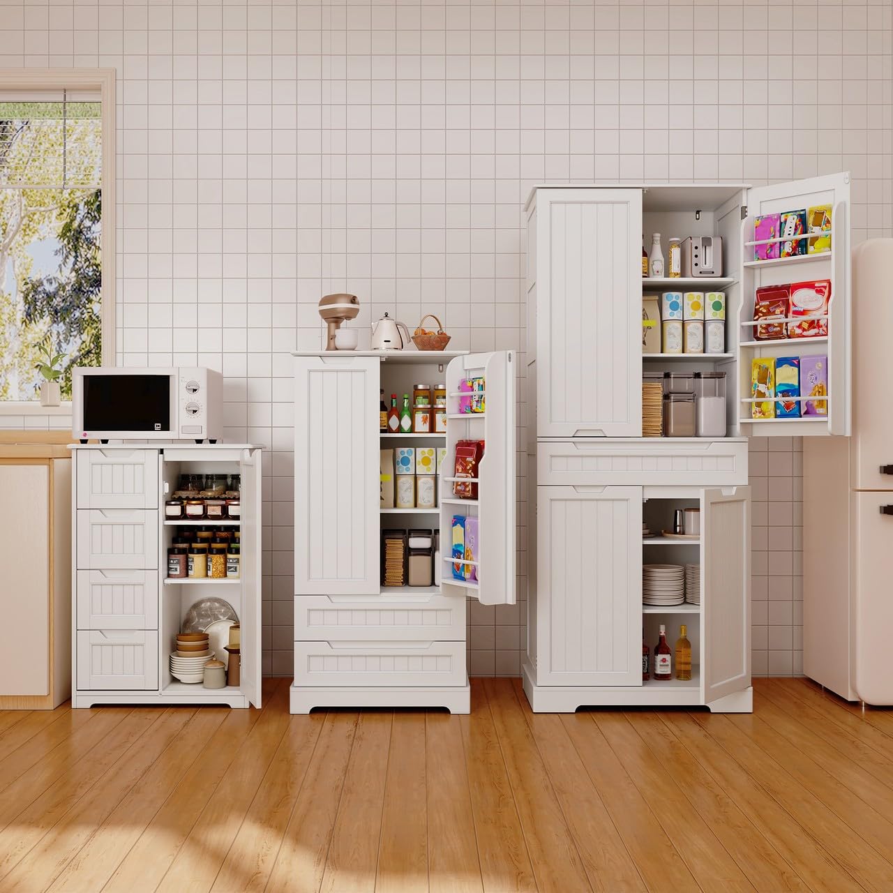 Gizoon 64" Tall Kitchen Pantry Cabinet with Doors and Shelves Large Stand Up Pantry Storage Cabinet with Drawer Large Food Cupboard for Kitchen Bathroom Craft Room, White
