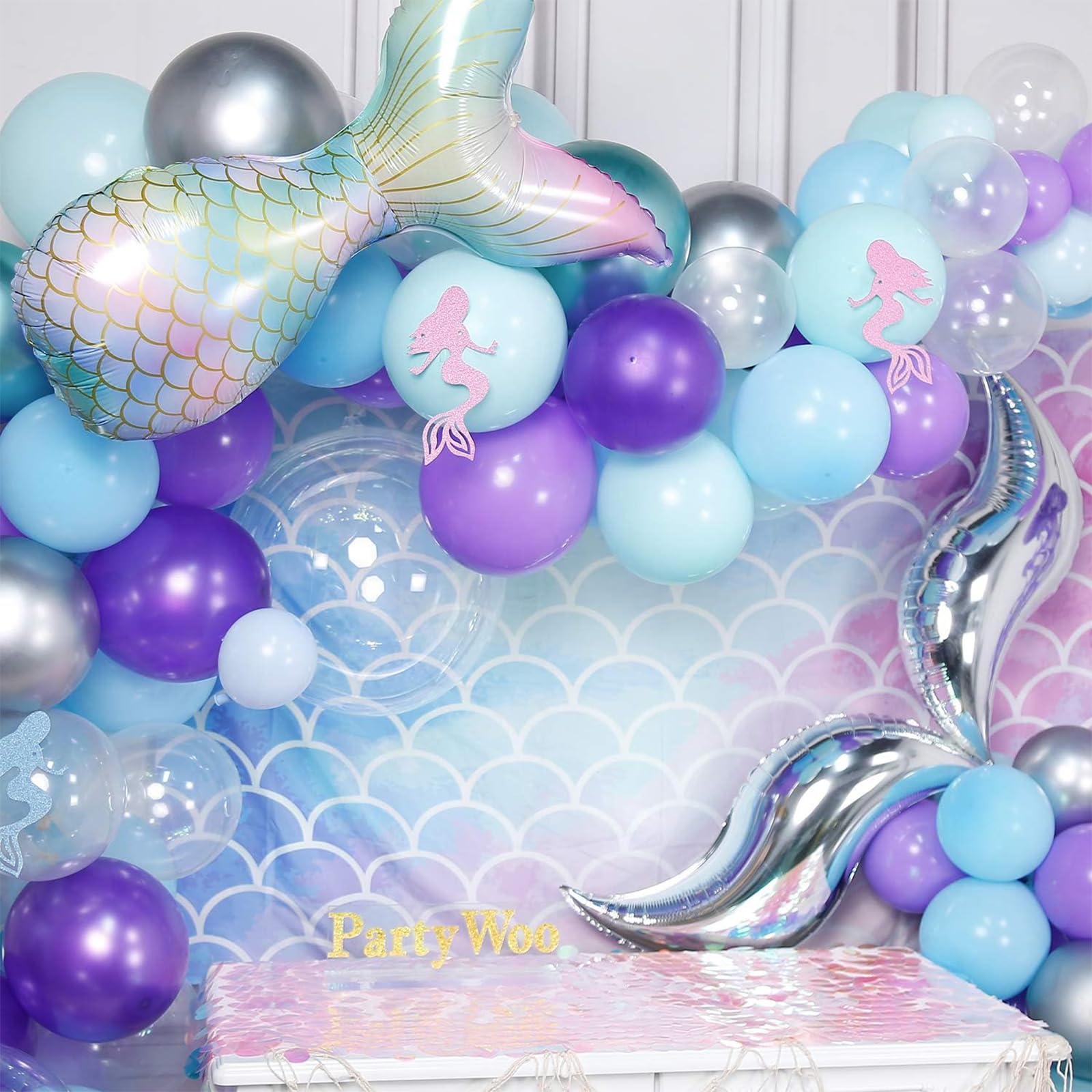 PartyWoo Mermaid Balloons Garland Kit, 180pcs Mermaid Backdrop, Mermaid Tail Balloons, Mermaid Stickers, Paper Jellyfish, Giant Bobo Balloons, Green Silver Purple Metallic Balloons, Blue Mint Balloons