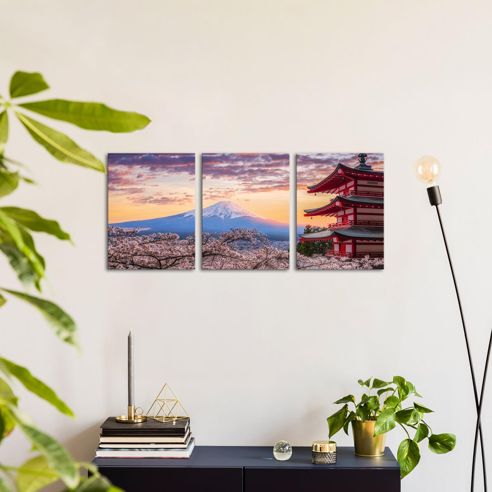 OuElegent Mount Fuji Canvas Wall Art Kyoto Cherry Blossom Japanese Landscape Pictures Print Artwork for Home Office Living Room Decor Framed 12"x16"x3 Pcs (small)
