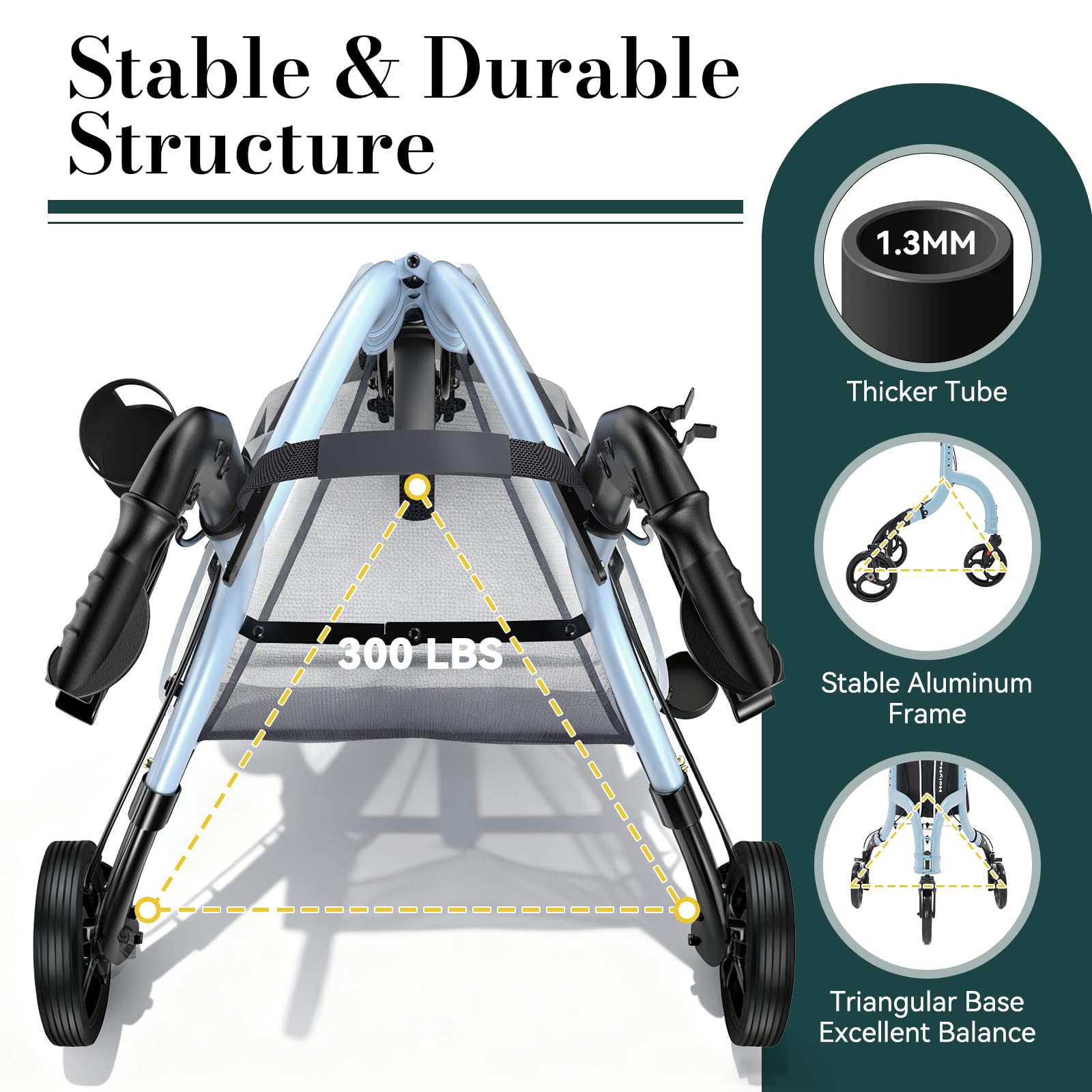 HolyHeal 3 Wheel Walkers for Seniors, Lightweight Rollator Walkers Foldable for Elderly with Cane Hold and Cup Hold, Height Adjustable Aluminum Three Wheel Rolling Walker Mobility Aid, Blue