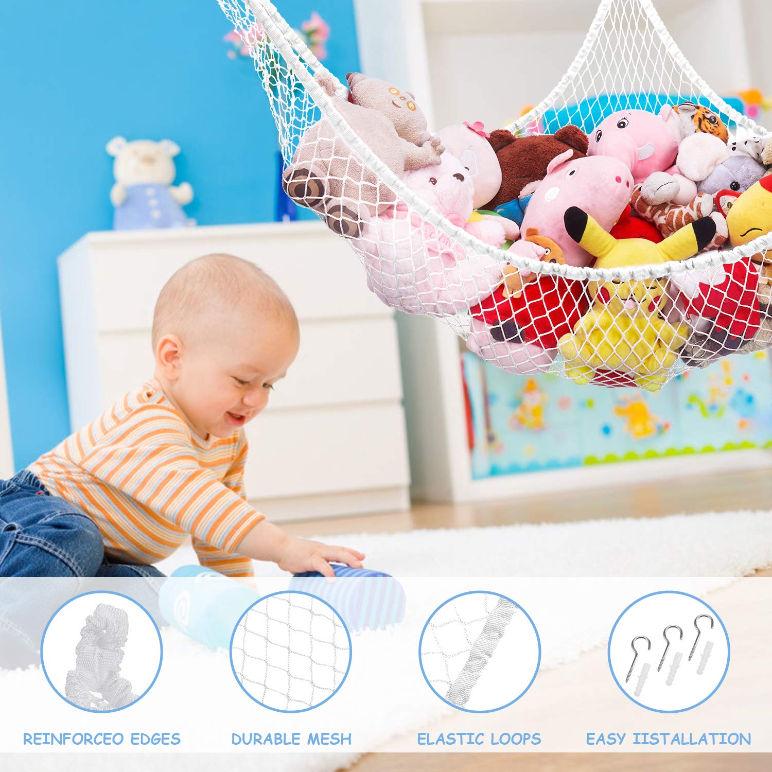 Stuffed Animal Hammock, Toy Hammock Storage Net, LXUNYI Mesh Toy Net Holder Jumbo Wall Corner Giant Baby Kids Children Stuff animals Hammocks Net Organizer for Bedroom (White, 70 inch)