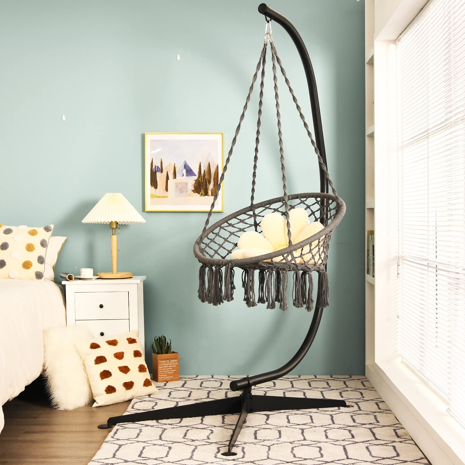 Giantex Hammock Chair Stand Only, Heavy Duty Steel C-Stand for Hanging Chair, 360° Rotation Egg Chair Stand W/Carabiner, 2" Diameter Steel Pipe, 81.5" H Stand for Swing Chair Outdoor Indoor