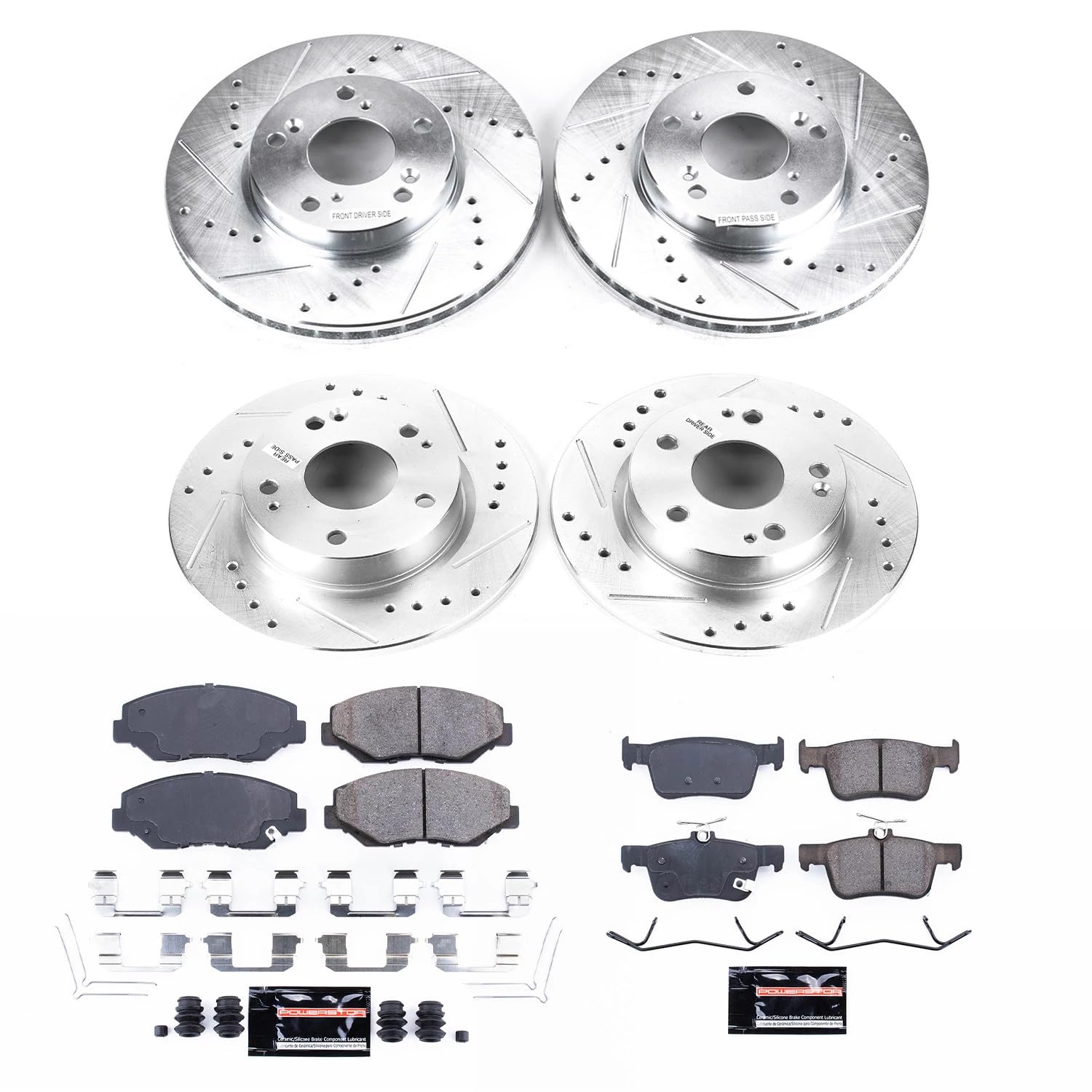 Power Stop Brake Kit For Honda Civic - Front and Rear Z23 Carbon Fiber Brake Pads with Drilled and Slotted Brake Rotors Replacement, K7574