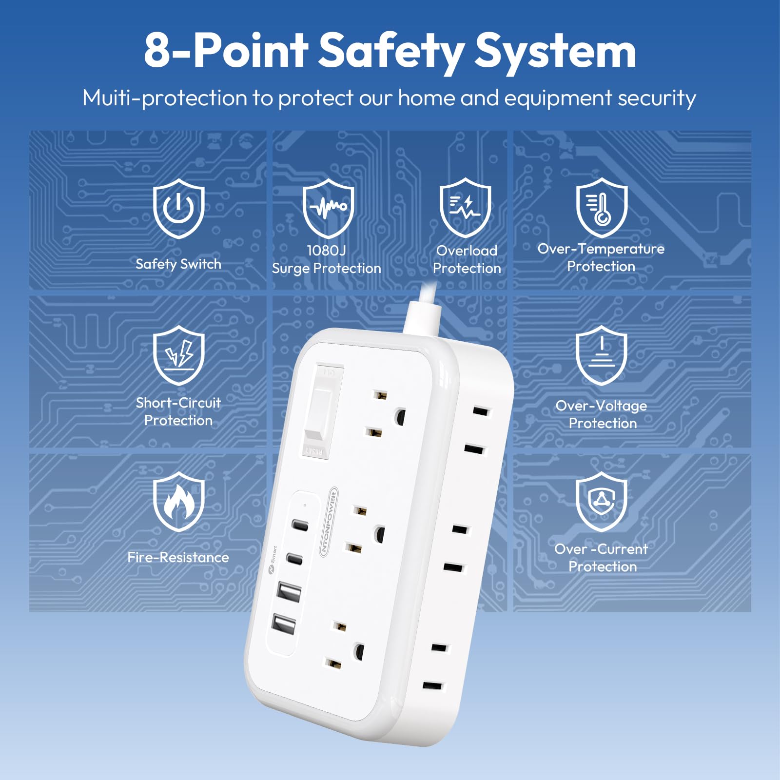 Flat Plug Extension Cord 25 ft, Surge Protector Power Strip, Outlet Extender with 6 Outlets 4 USB Ports, 1080 J, Overload Protection, Extension Cord with Multiple Outlets for Indoor, Home, Office