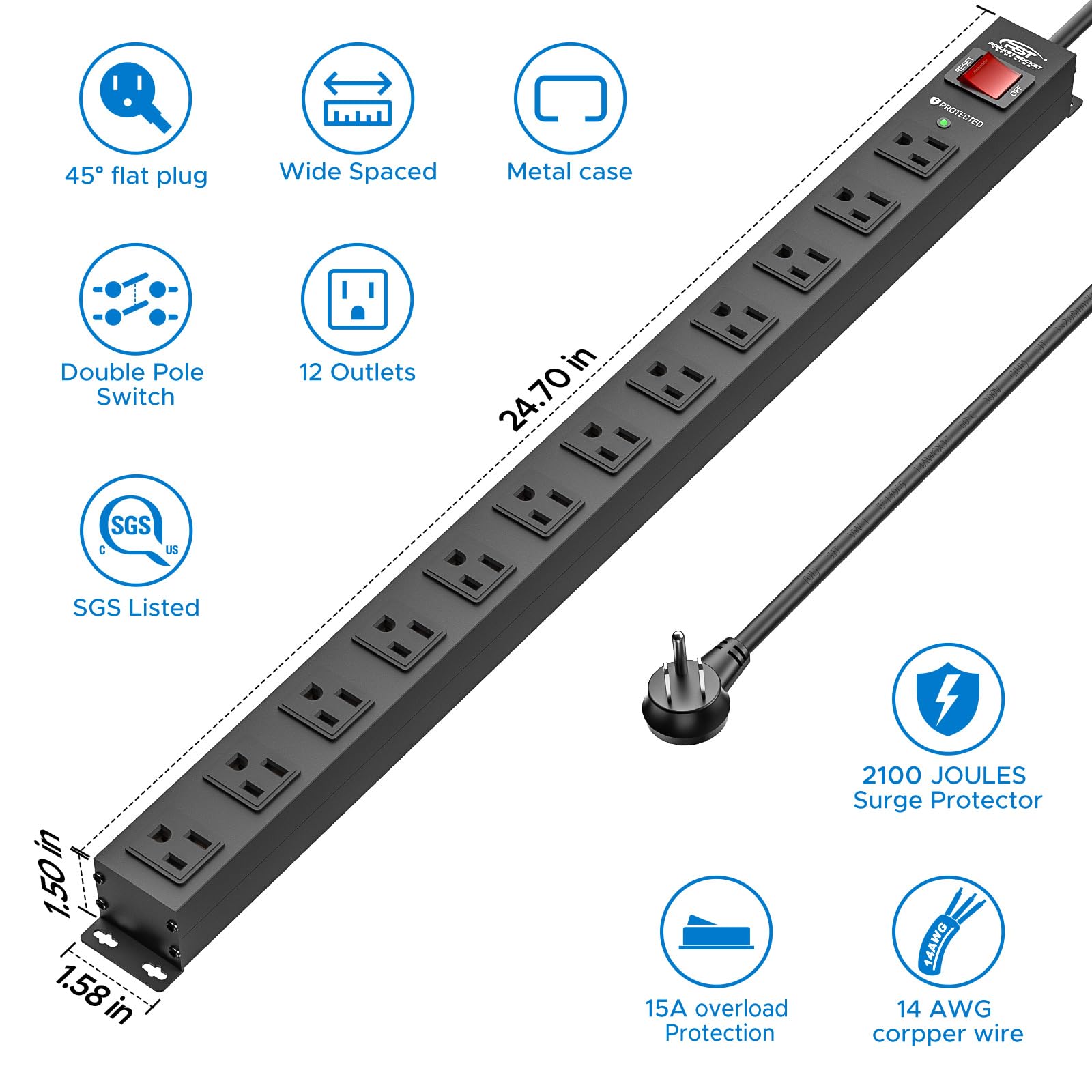 CRST 12-Outlet Long Power Strip with 15FT Cord, 2100 Joules Heavy Duty Surge Protector Mountable Power Strip, Wide Spaced Outlets for Industrial Garage Commercial(15A/1875W)