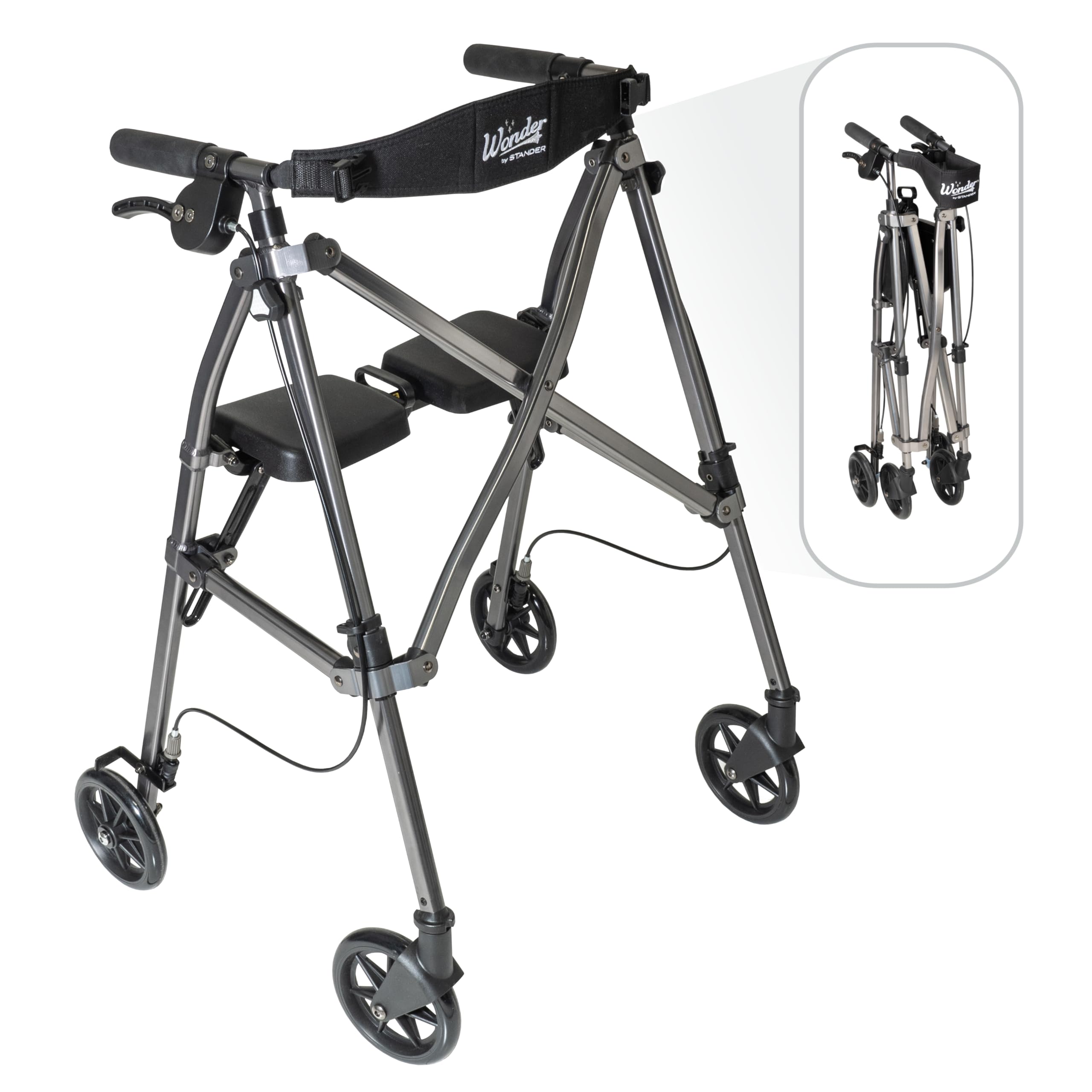 Stander Space Saver Rollator, Lightweight Folding Rolling Walker with Seat for Seniors & Adults, 4-Wheel Mobility Aid with 6-inch Wheels, Locking Brakes & Padded Seat with Backrest, Black Walnut