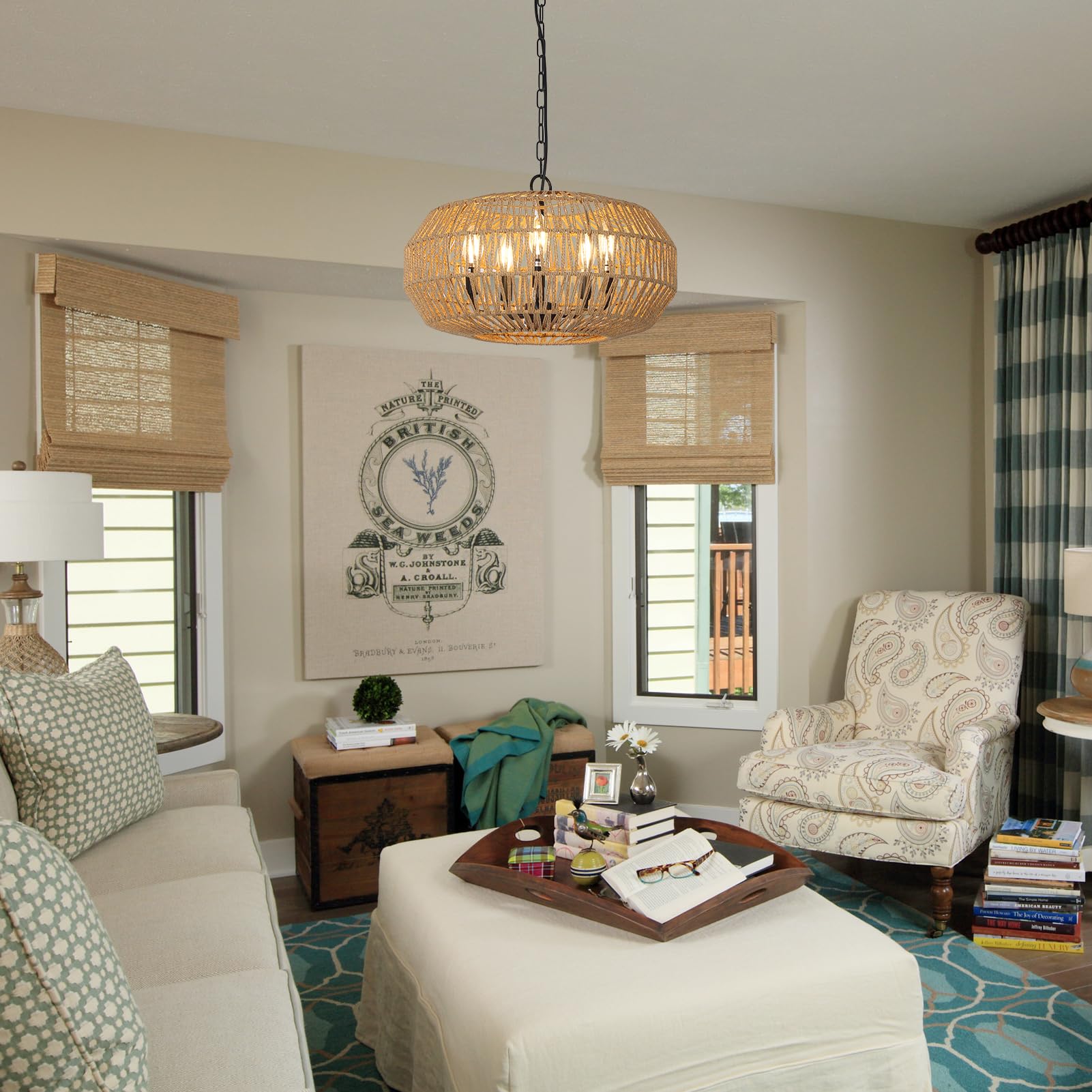 Stepeak Large Farmhouse Chandelier Light Fixtures, 5-Lights Boho Rattan Pendant Lighting with Woven Wicker Shade, Coastal Basket Chandeliers for Dining Room Living Room Kitchen Island Bedroom