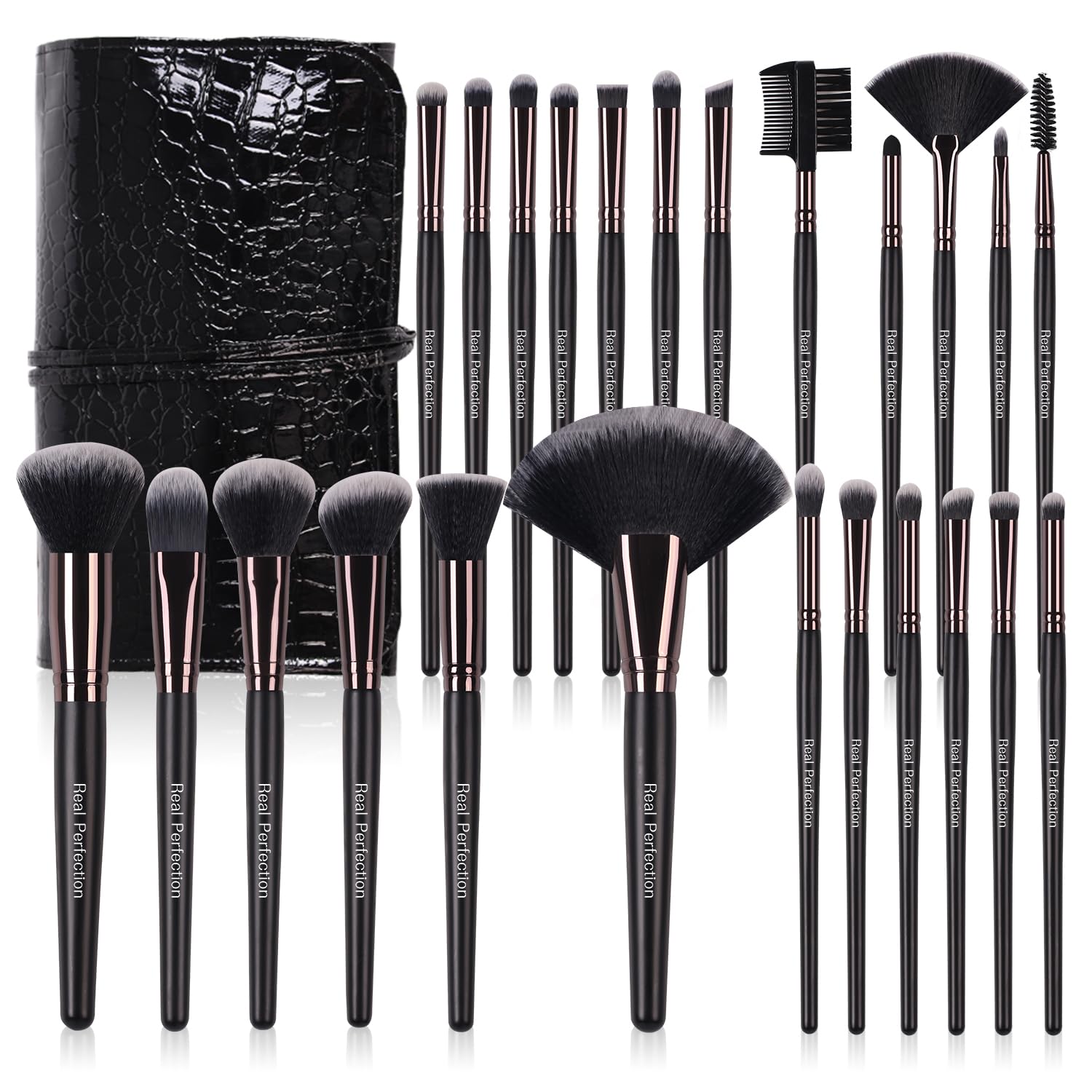 Real Perfection Makeup Brushes 24pcs Makeup Brush Set Premium Synthetic Powder Foundation Contour Blush Concealer Eye Shadow Blending Liner Make Up Brush Kit with Case