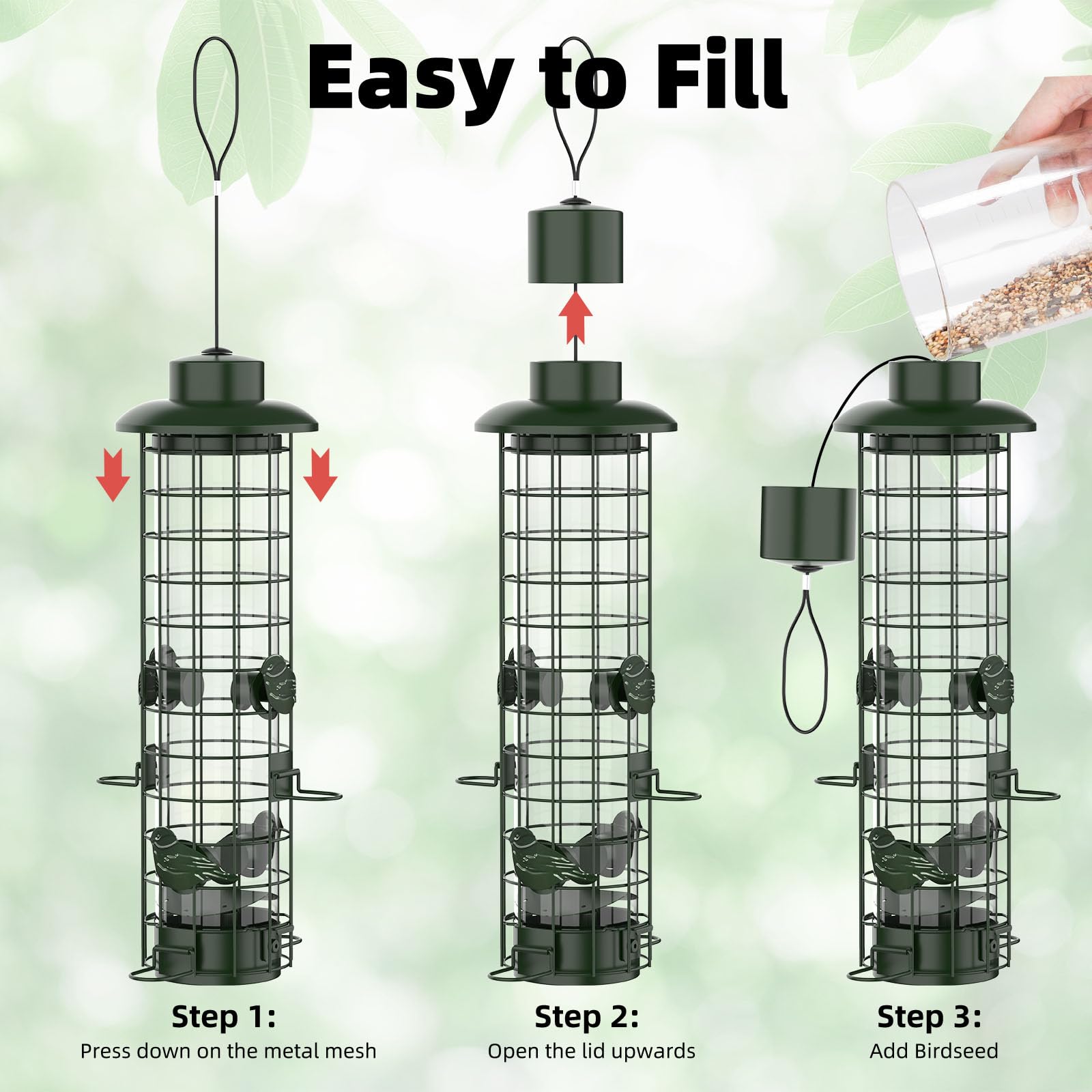 Squirrel Proof Bird Feeder,Metal Mesh Bird Feeders for Outdoors Hanging,Gravity Protection Squirrel Proof Wild Bird Feeders with Finch Cardinal Chickadee,3LB Large Capacity,Green