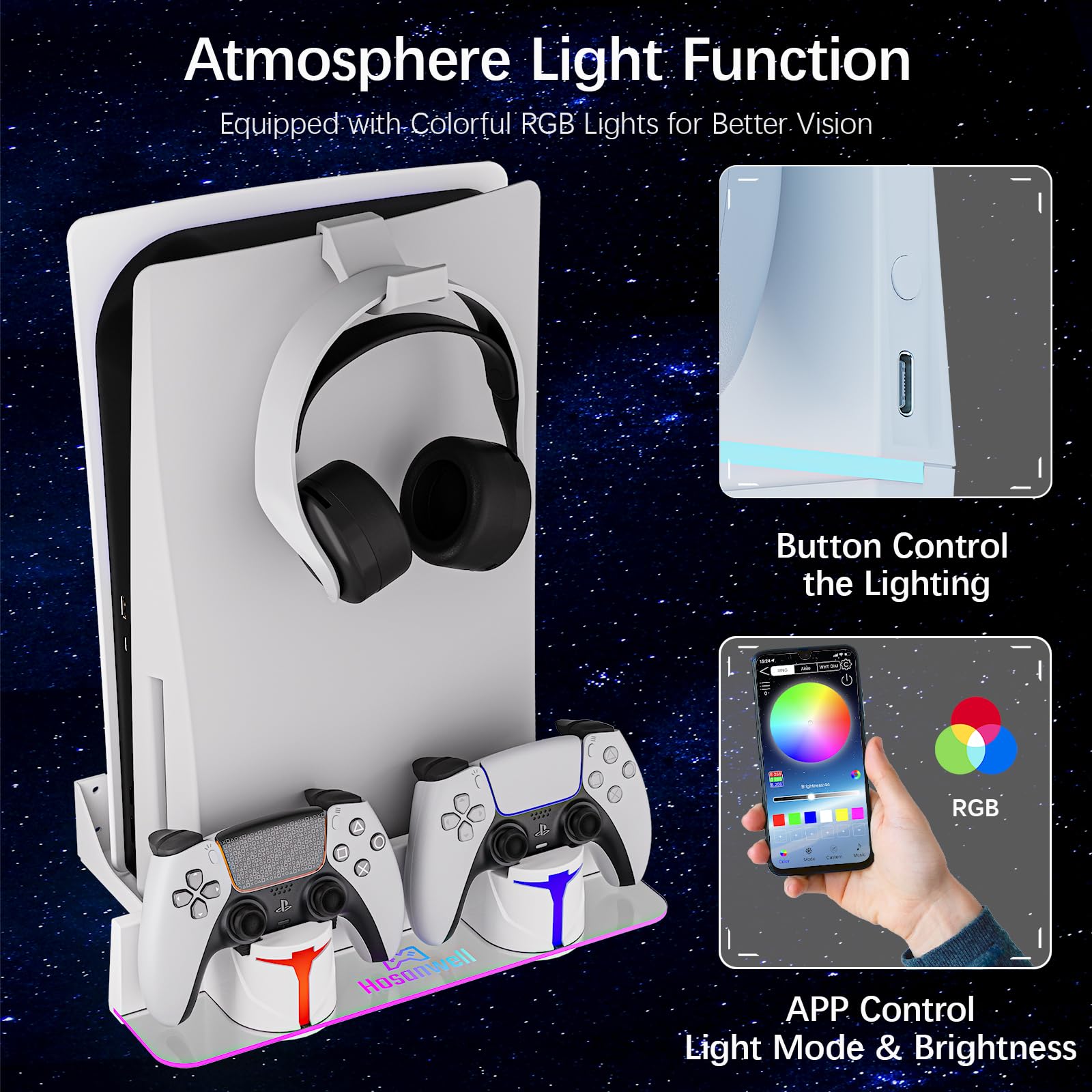 Hosanwell PS5 Wall Mount Kit with Charging Station, Compatible with PS5 and PS5 Slim Disc & Digital Version, Dual Use Charging Station with Multi-Mode RGB Light, White