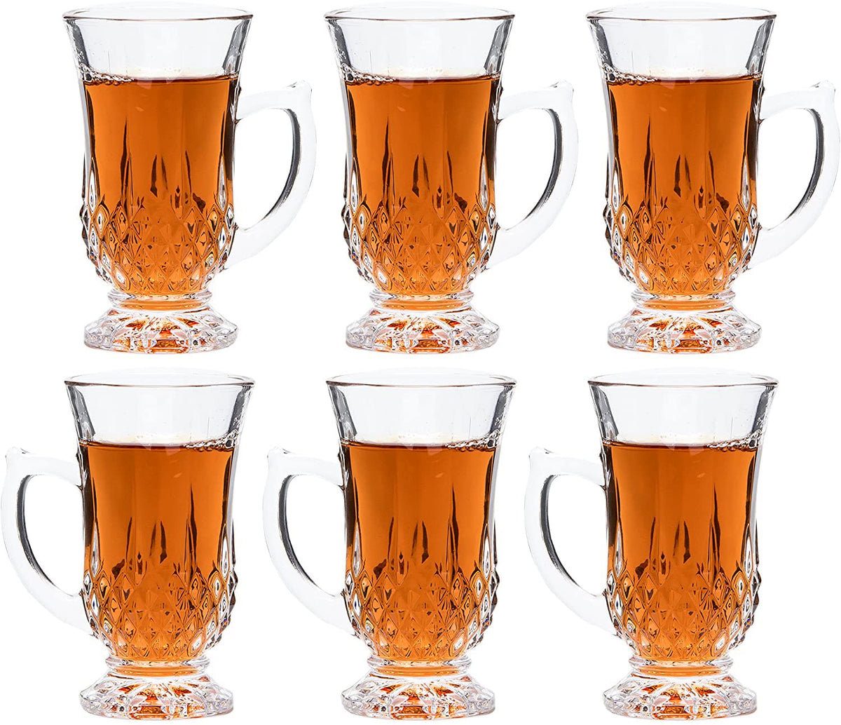 Red Co. 6-Pack Classic Clear Cut Glass 4.5 Oz Footed Turkish Tea Cups with Handles, Etched Design
