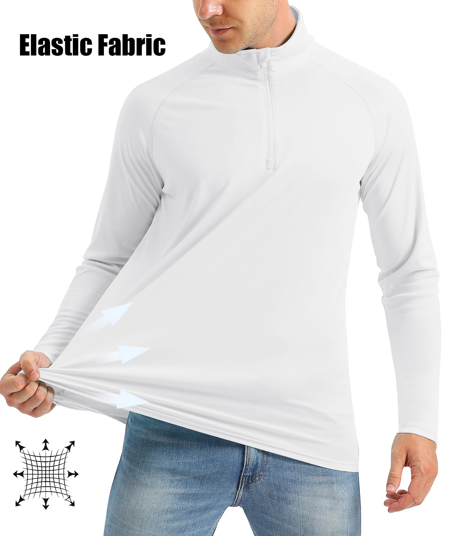 Shirts for Men Fashion 1/4 Zip Up Sun Protective Quarter Zip Shirt for Men Mens Rash Guard Shirt Long Sleeve SPF Loose Fit Athletic Shirt White
