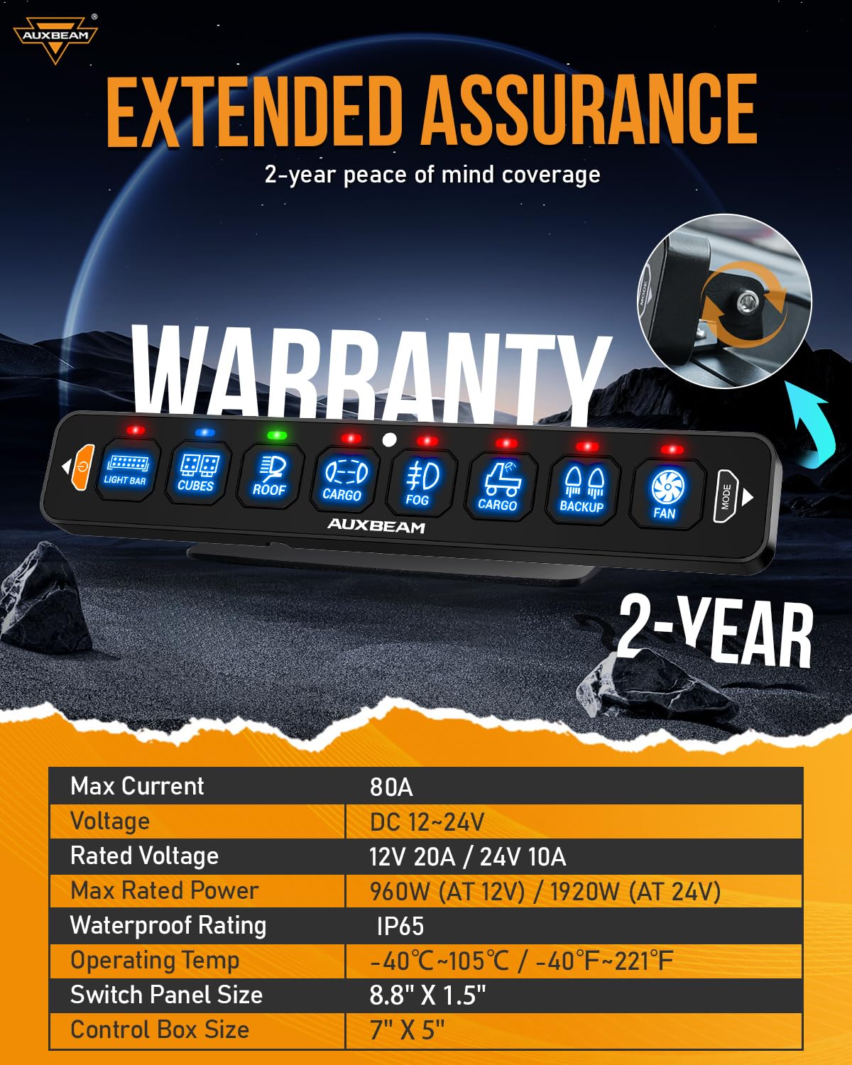 Auxbeam 8 Gang Slim Switch Panel Bluetooth RGB AS-800 with APP&Wireless Remote Control Toggle Momentary Pulsed Dimmable Switch Pod Backlit Off Panel Box for Offroad Truck Waterproof