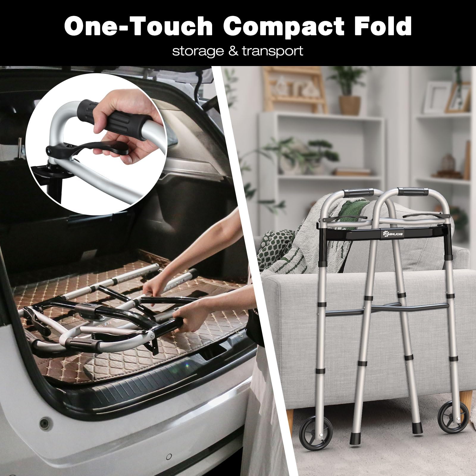 Whlicks Narrow Folding Walkers for Seniors,Aluminum Lightweight Walkers with Wheels, Adjustable Width and Height Front Wheel Walker for Elderly and Disabled, Supports up to 350 lbs
