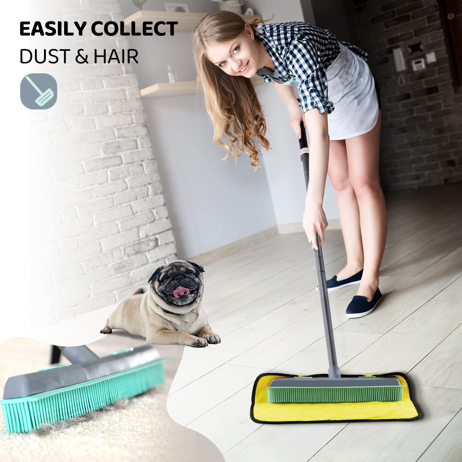 Conliwell Rubber Broom Carpet Rake for Pet Hair, Fur Remover Broom with Squeegee, Portable Detailing Lint Remover Brush (Iron)