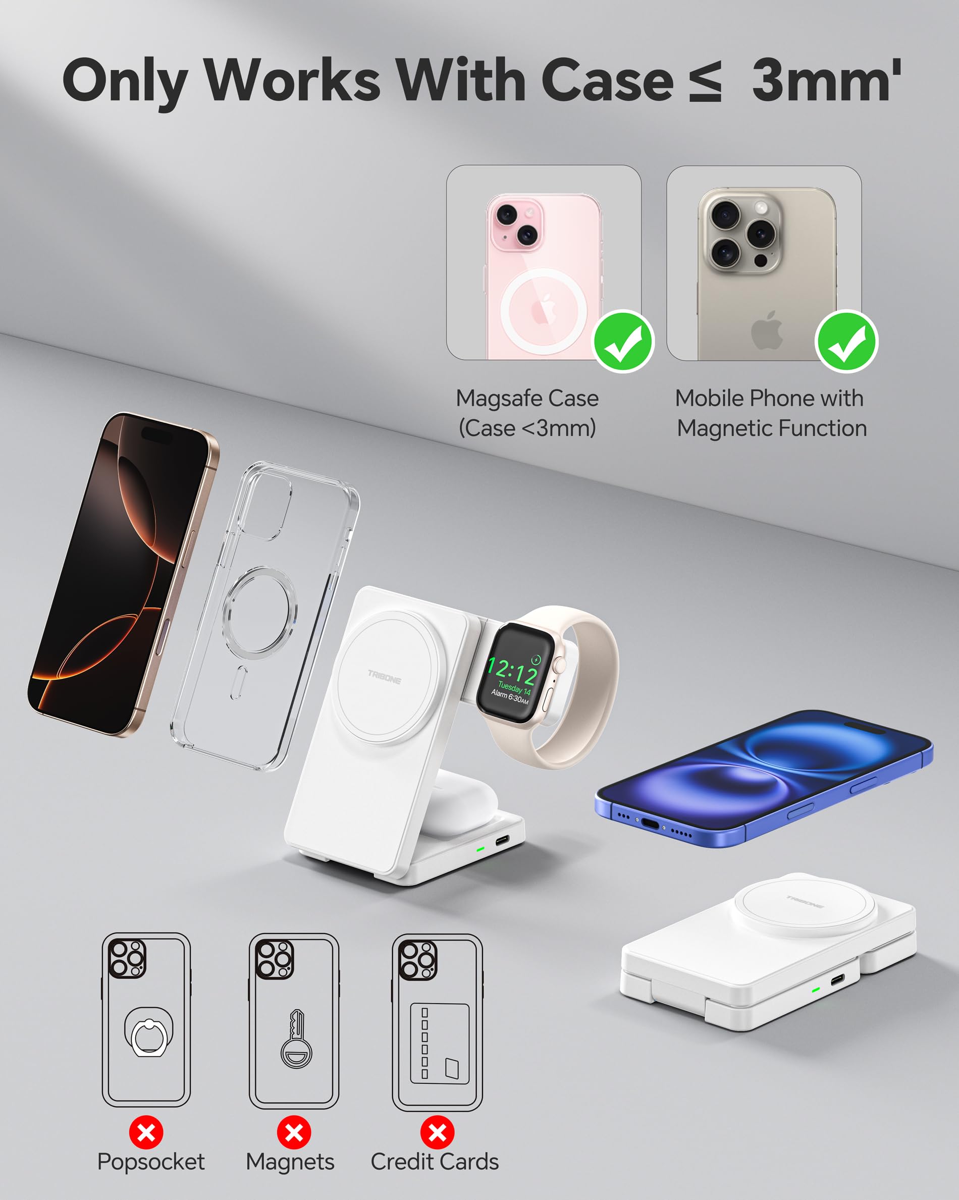 3 in 1 Charging Station for iPhone 16 15 14 13 12, 11 X 8 Series (with MagSafe Case), Wireless Charger for Apple Watch,Travel Magnetic Charging Stand for AirPods (White)