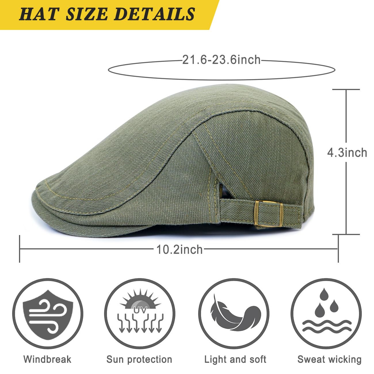 Xinveen Newsboy Hats for Men Flat Cap Cotton Adjustable Breathable Irish Cabbie Ivy Driving Hunting Hat Olive Green