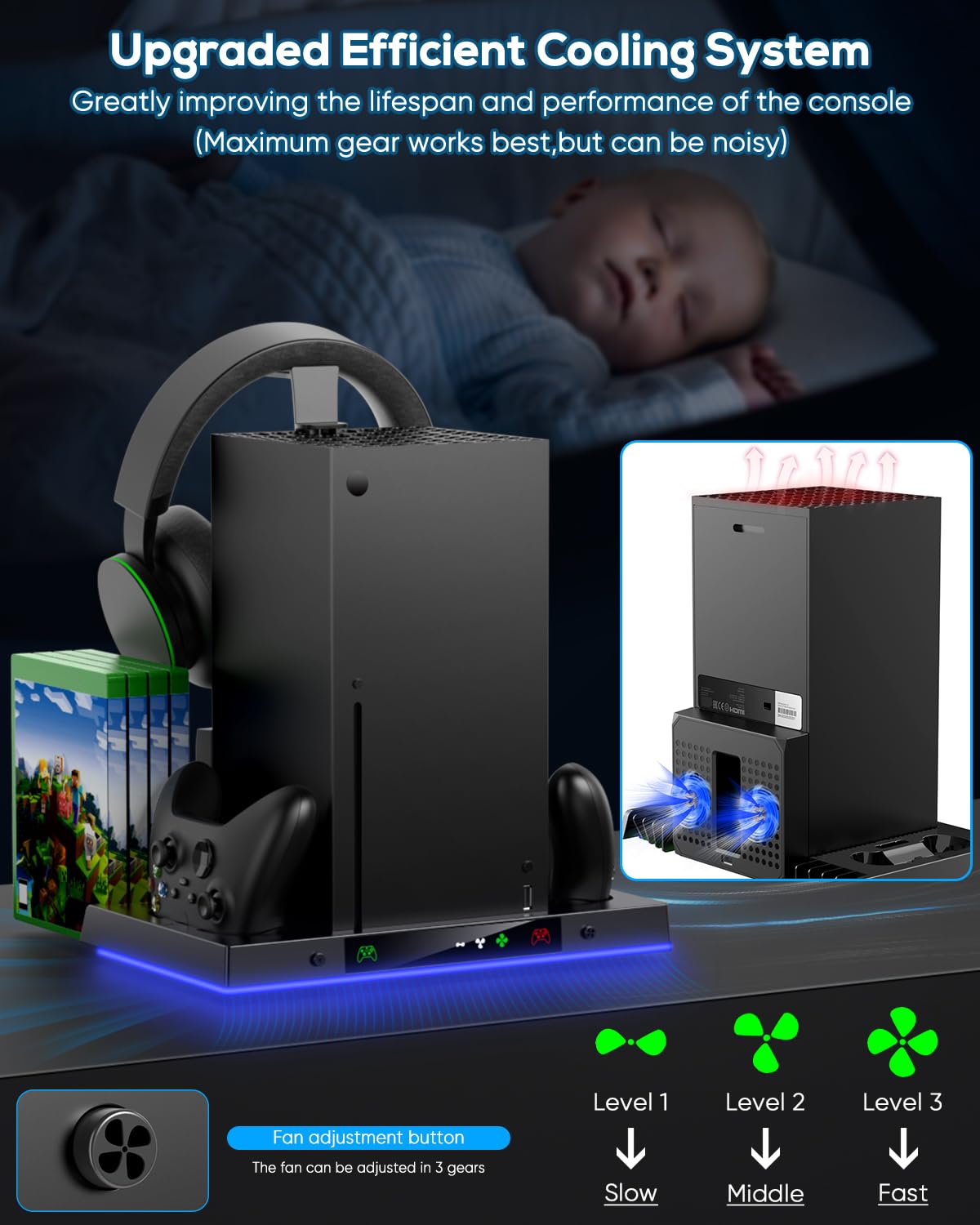 MENEEA Upgraded Cooling Fan Charging Station for Xbox Series X Console & Controller, Dual Charger Dock & Cooler System Stand with 15 Colorful Lights for Xbox Series X Accessories Kit