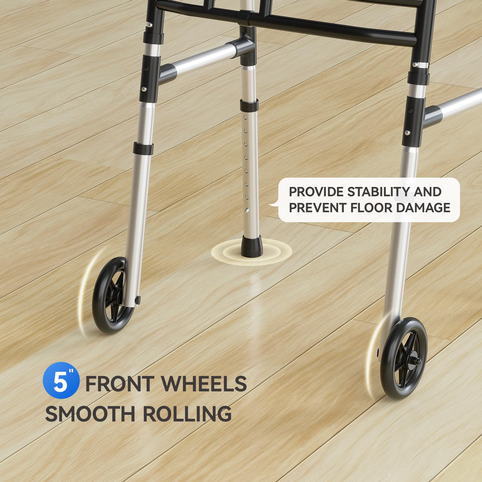 Loyoda Folding Walkers for Seniors,Medical Bariatric Walker Lightweight 5'' Front Wheel Walker Height and Width Adjustable Aluminum Standard Walker for Handicap